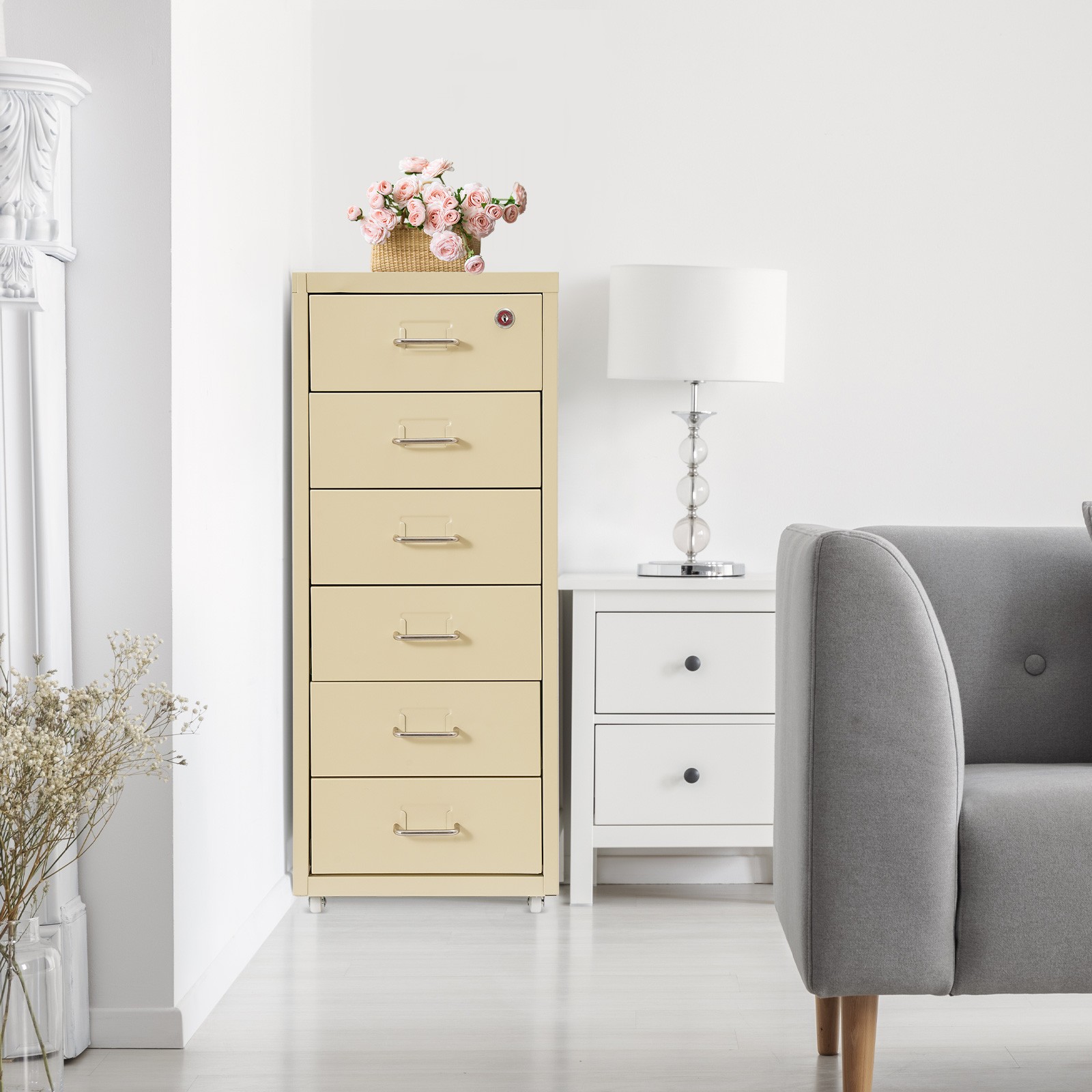 6 Drawer Beige Vertical Metal File Cabinet with Lock and Rolling Wheels for Home