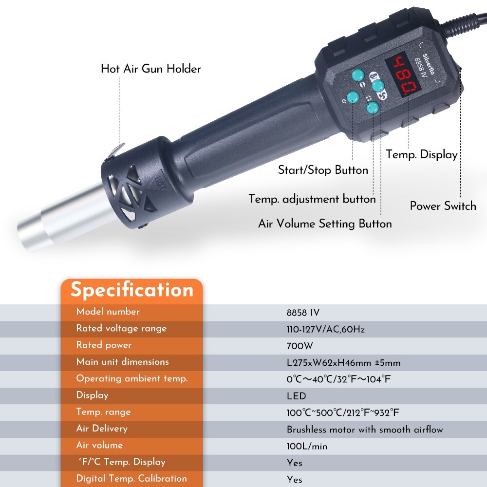 700W Hot Air Gun Digital Portable Heat Gun Nozzle Soldering Station+Heating Core