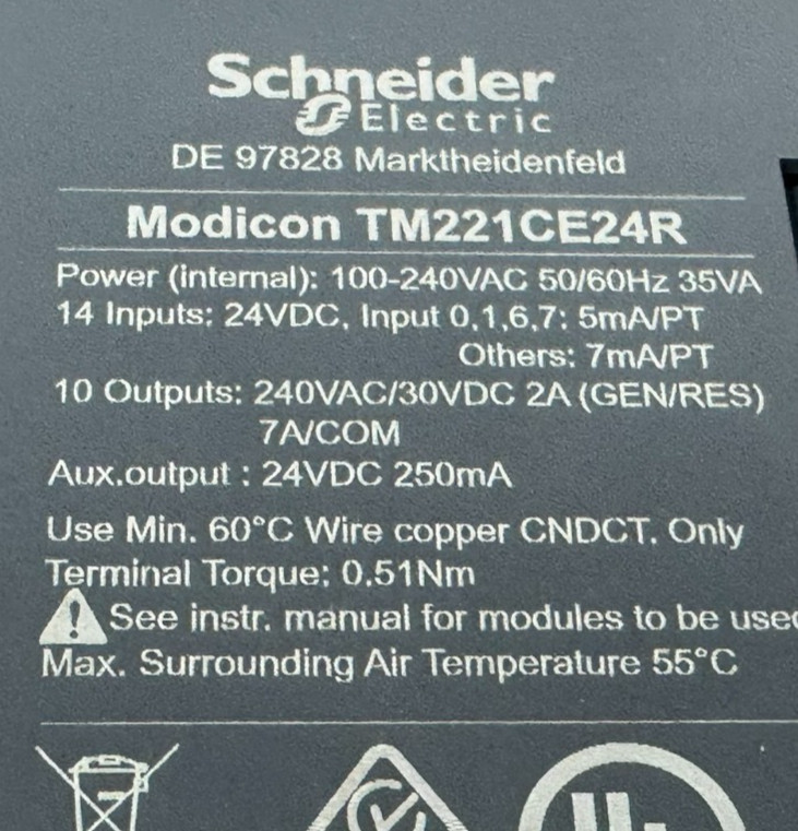 USED SCHNEIDER ELECTRIC TM221CE24R CONTROLLER W/ TM3DI8A INPUT