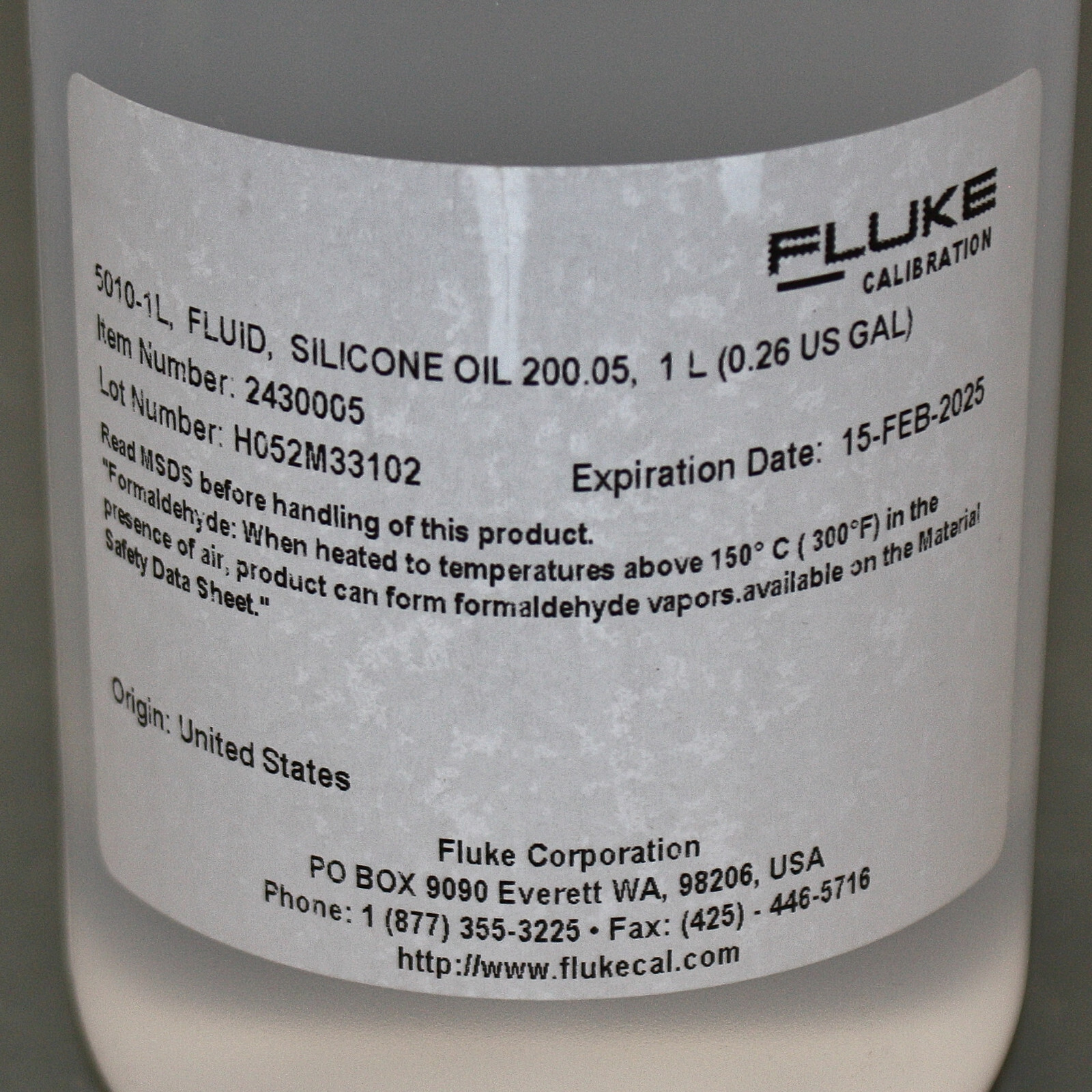 EXPIRED 02/2025 – Fluke Calibration Silicone Oil 5010-1L, Type 200.05, Bath 7102