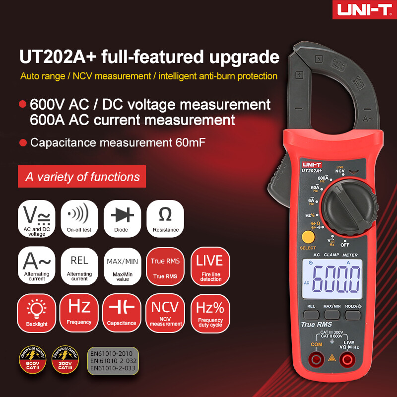 UNI-T UT202A+ LCD Digital Clamp Meter Multimeter Voltage Ampere Ohm NCV Tester