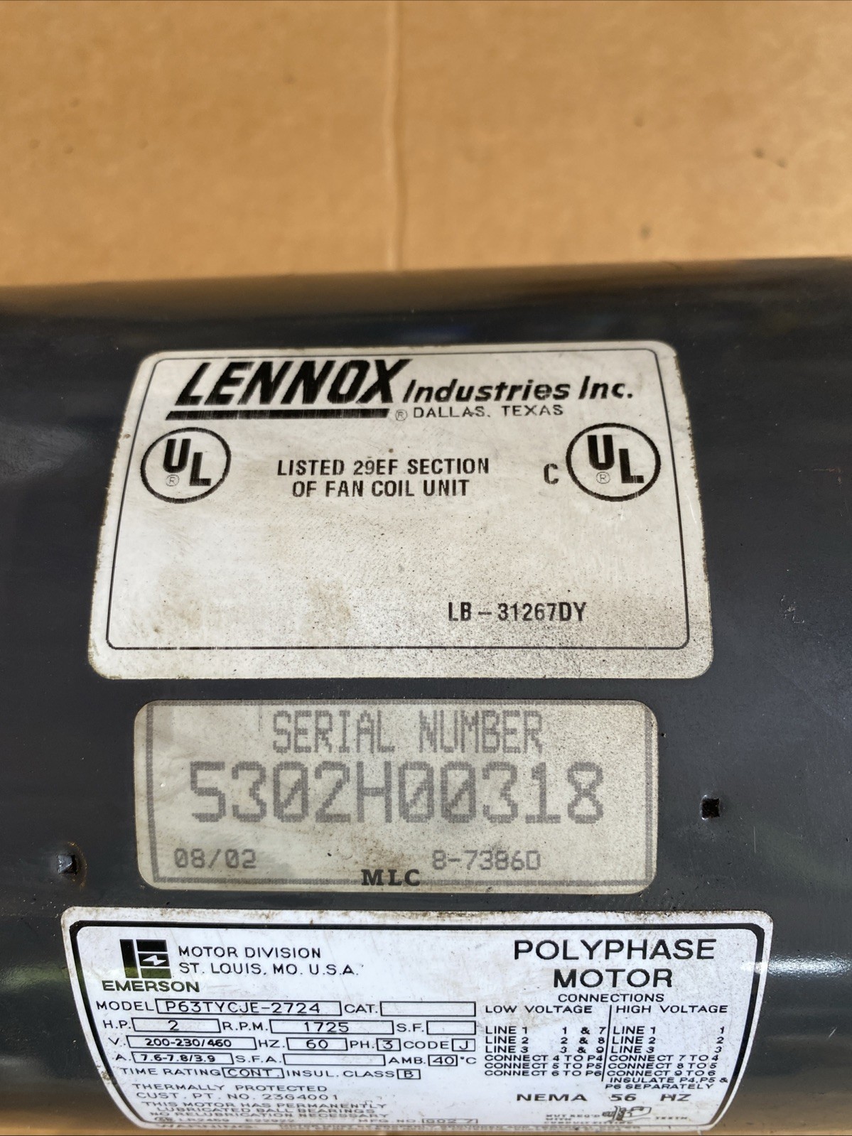 Lennox Emerson P63TYCJE-2724 Polyphase Motor 2HP 3 Phase