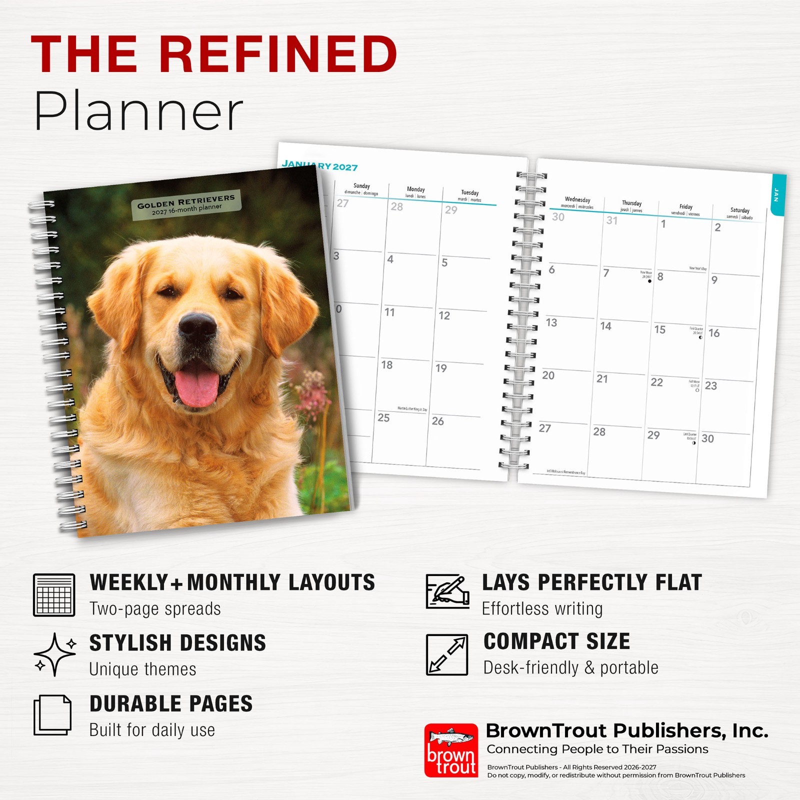 Golden Retrievers | 2027 6×7.75″ Spiral-Bound Wire-O Engagement Planner Calendar