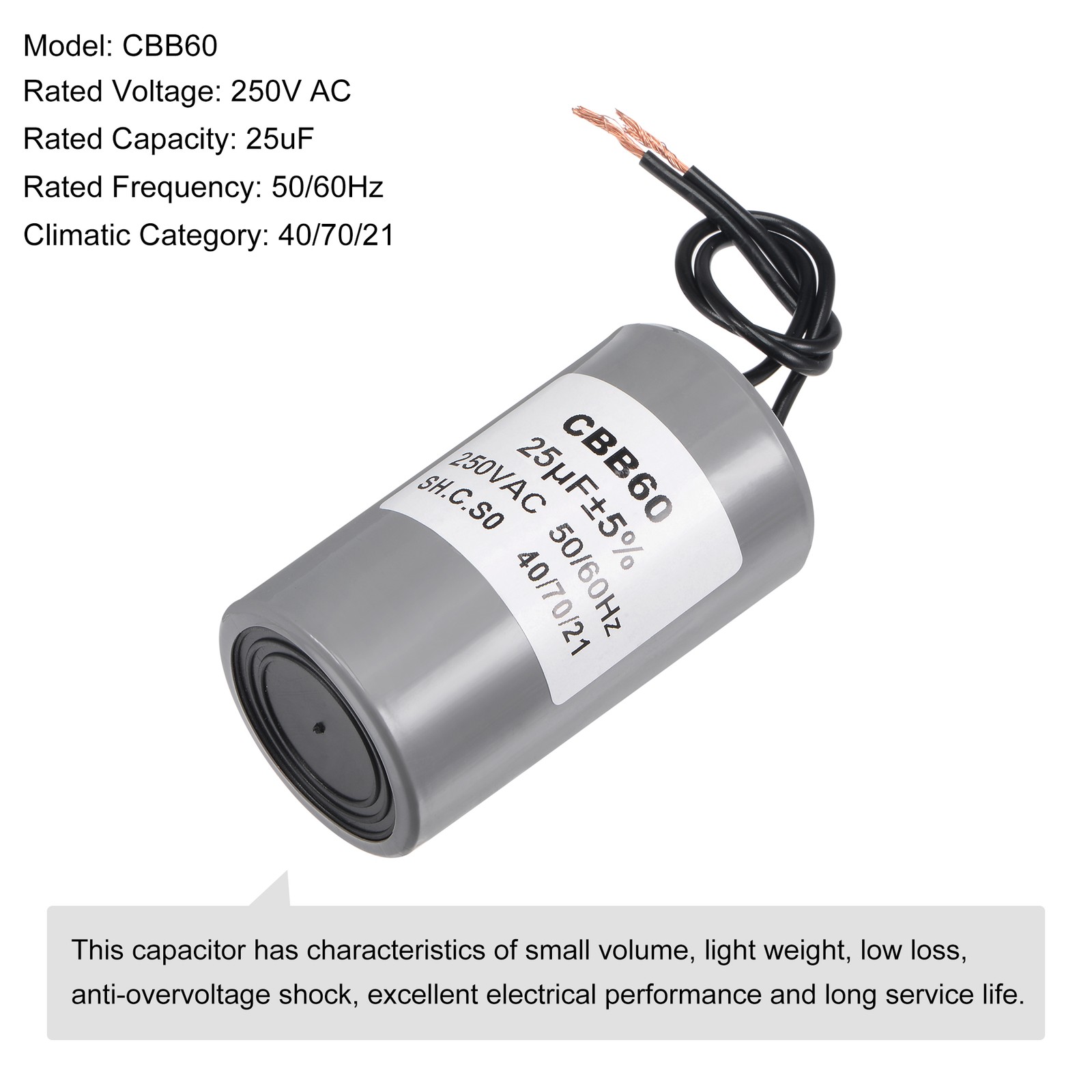 CBB60 Run Capacitor for Pump Motor Capacitor 25uF 250V AC 2 Wires 50/60Hz