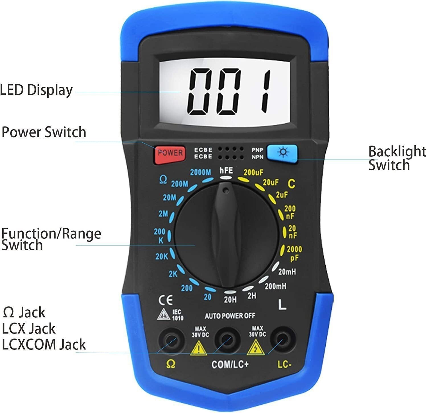 Capacitor Tester 2000pF~200uF,Capacitance Meter, LCR Meter hFE Resistance Test