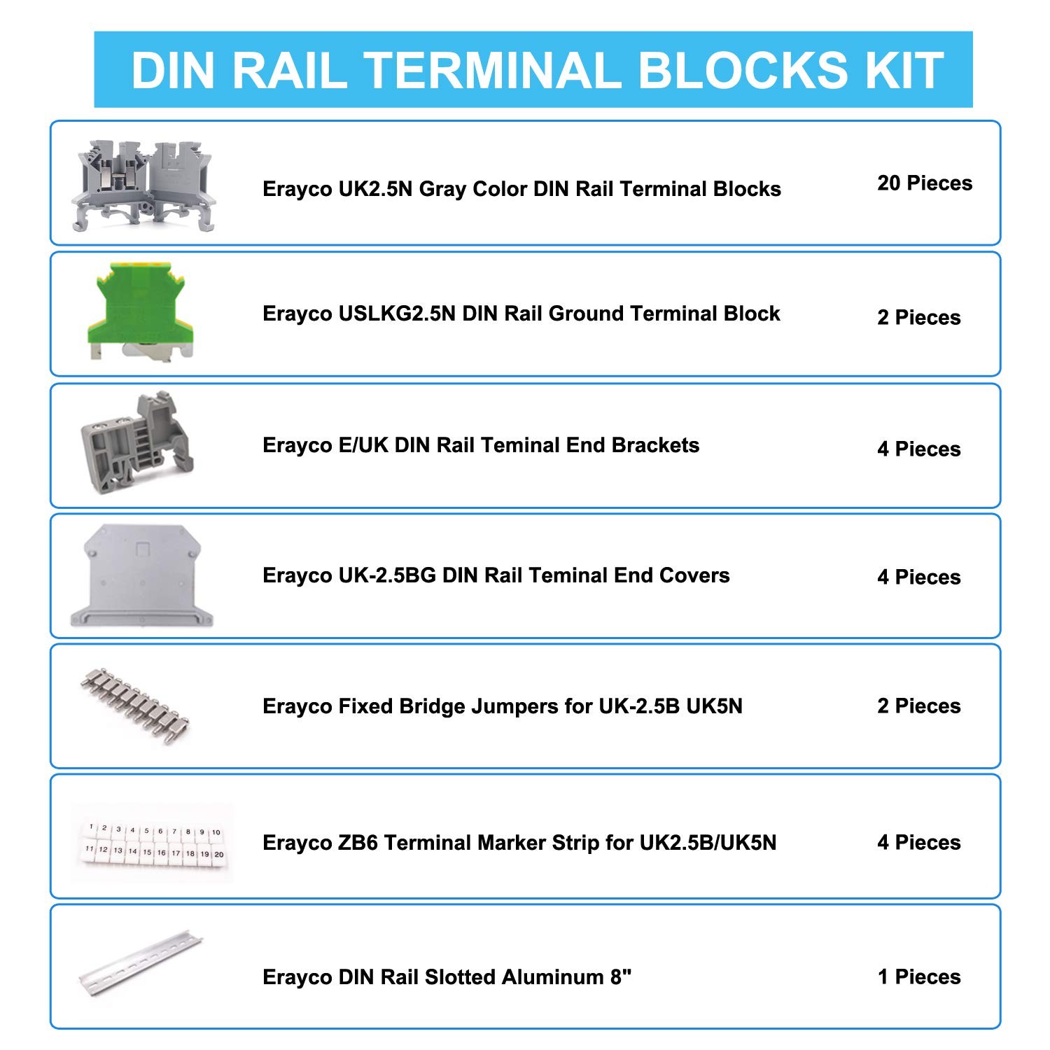 DIN Rail Terminal Blocks Kit, 20PCS UK2.5B Terminal Blocks 12 AWG Gauge, 20A …
