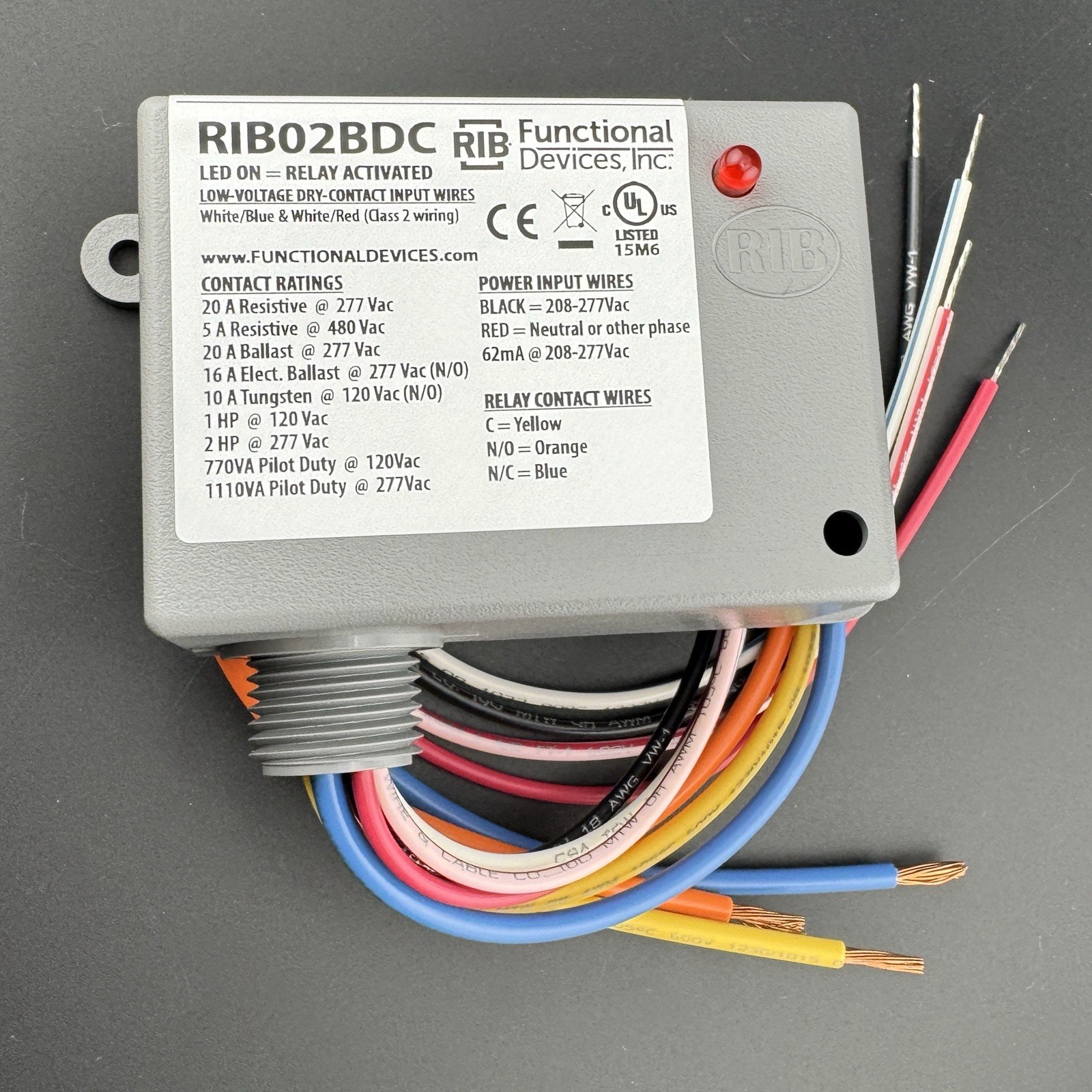 Functional Devices Inc RIB02BDC Dry Contact Input Relay 208-277V AC 20A LED