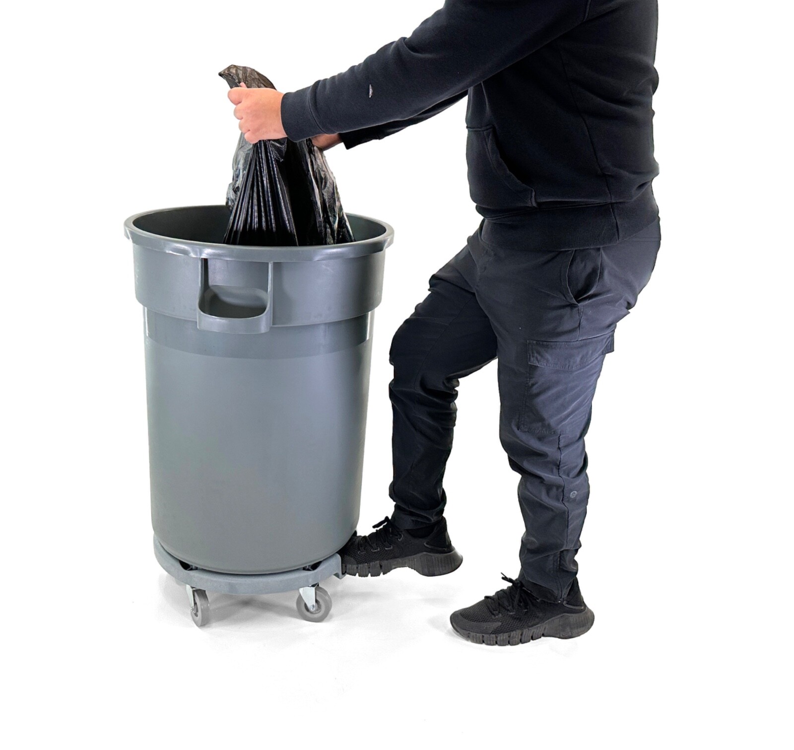 Trash Can Dolly | Heavy-Duty Plastic | 5 Casters | Foot Stabilizer | 460 Lb. Cap