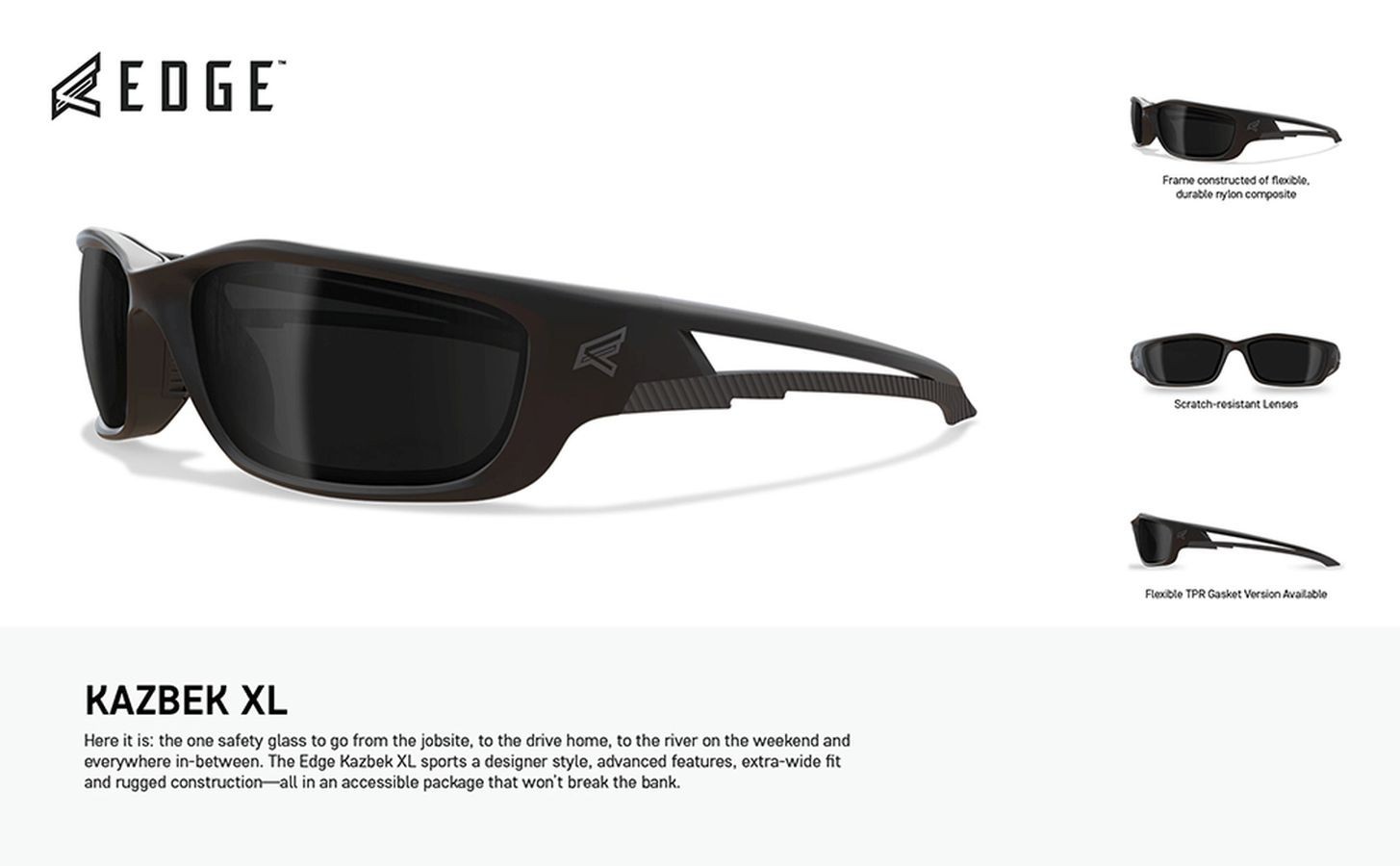 Edge Eyewear Kazbek TSK-XL216 POLARIZED Safety Glasses Black Frame Smoked Lens