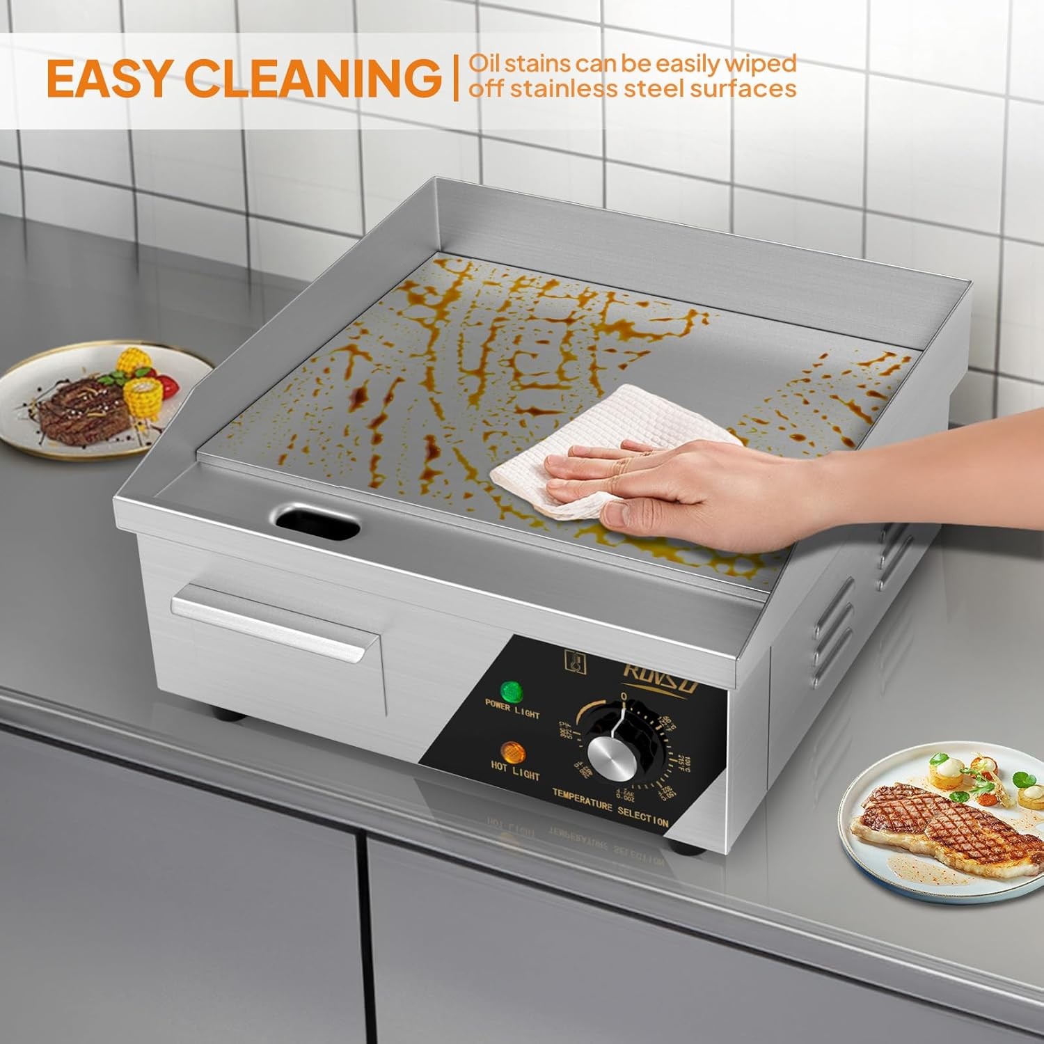 ROVSUN 14″ Commercial Electric Griddle 1500W Countertop Flat Top Grill 122℉-572℉