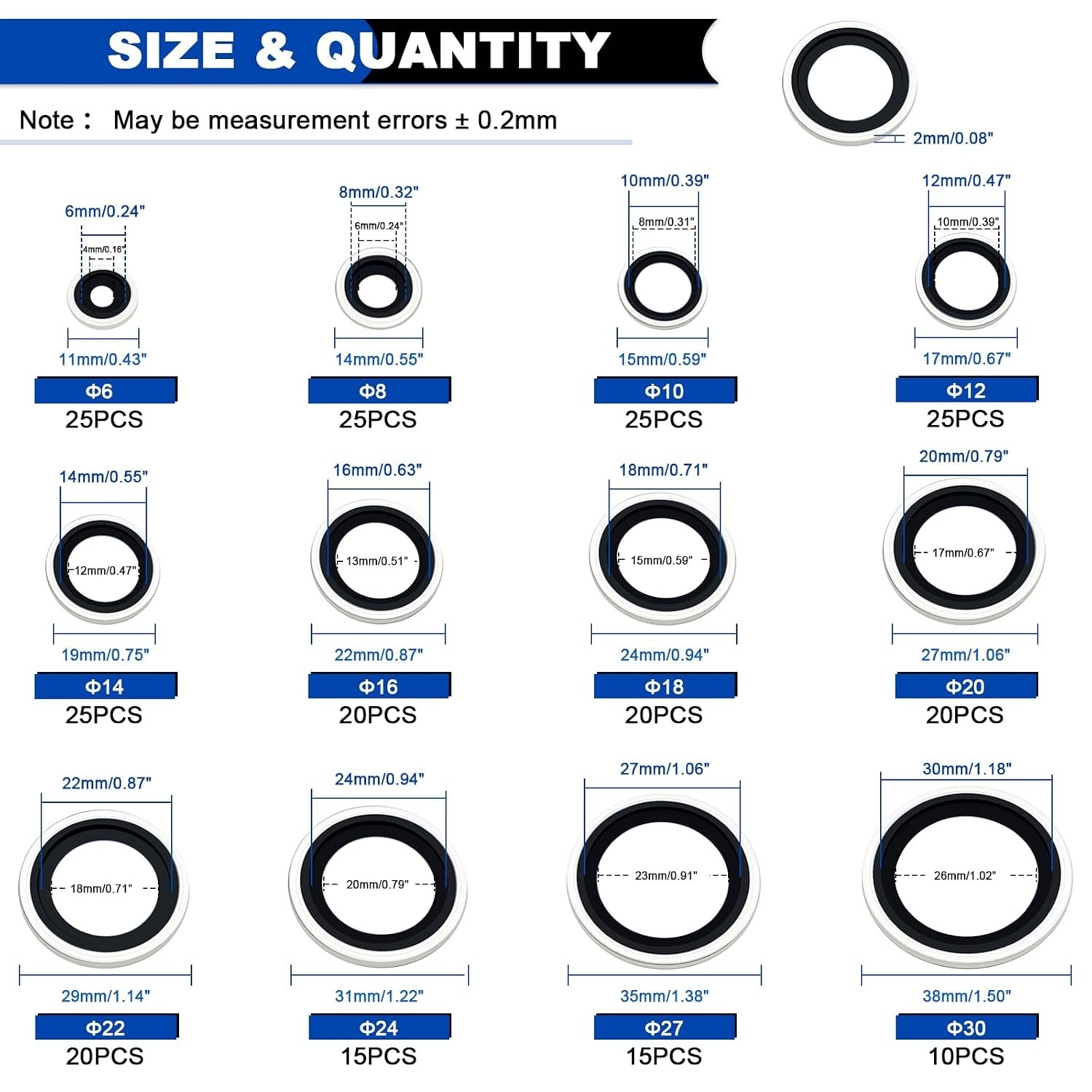 245PCS Metric Bonded Sealing Washers, 12 Sizes Rubber Washers Kit | NBR Metric Z