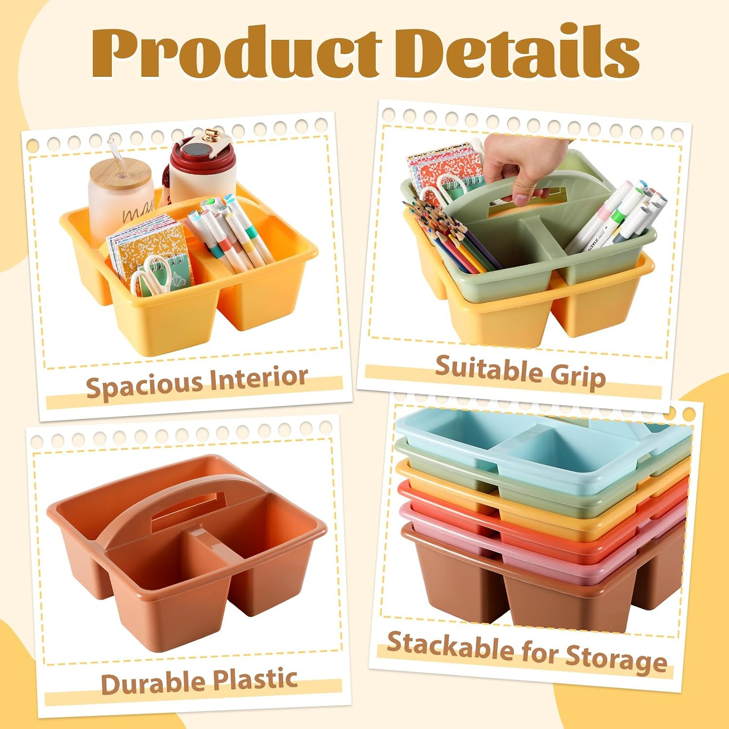 6 Pack 3 Compartment Small Caddy Plastic Classroom Organizer with Handle Portabl
