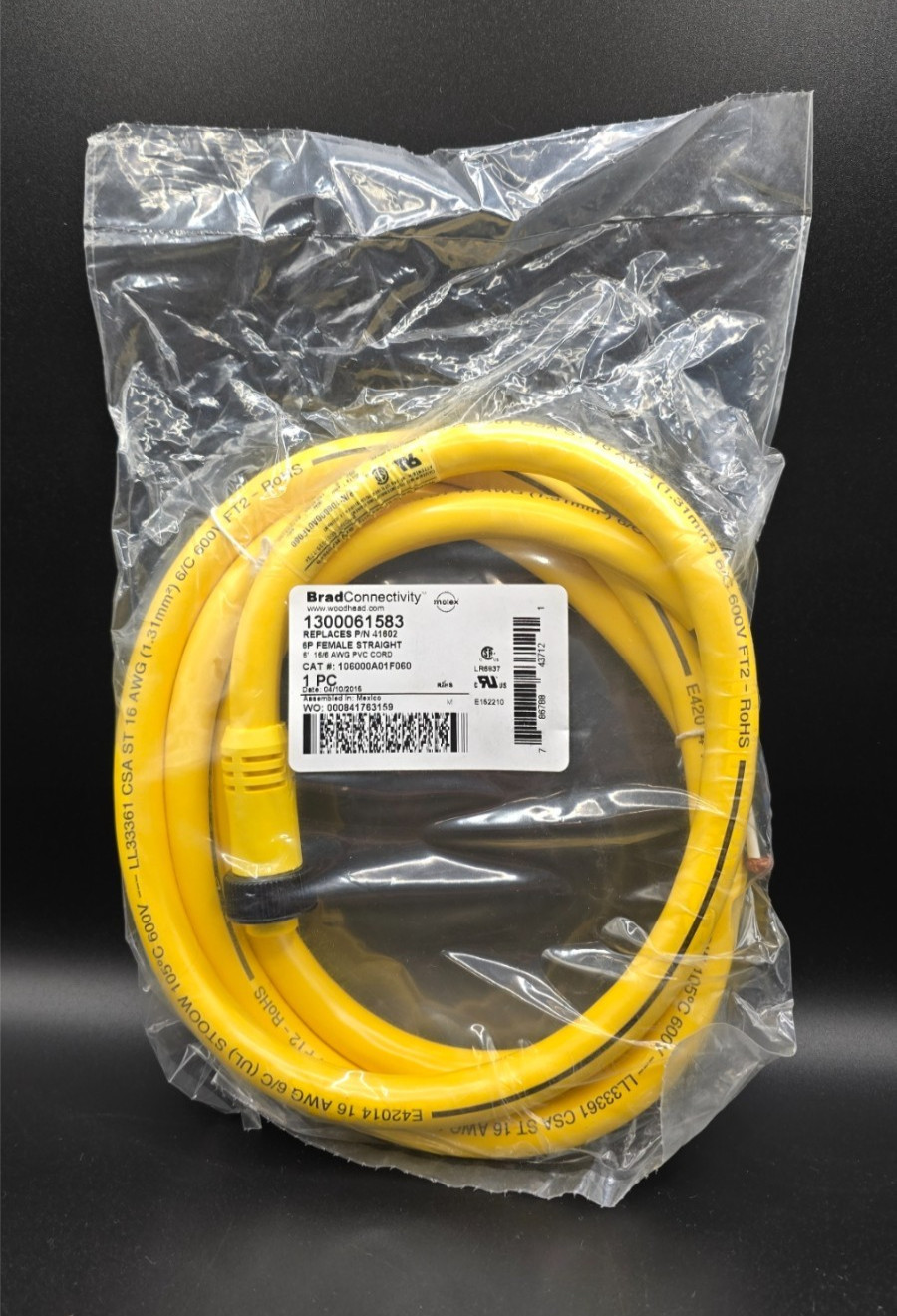 BradConnectivity 1300061583 M12 Cable – 41802 – 16/6 AWG – 6′ – 6P Female — NEW