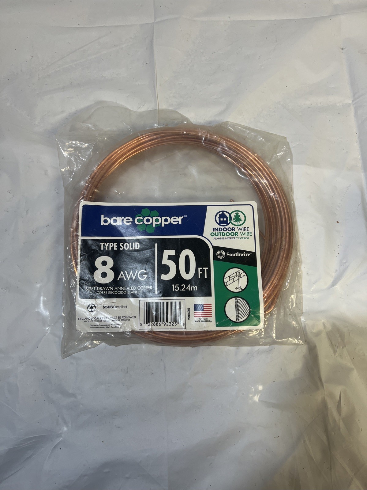 Bare Copper 50’ 8-Gauge Solid Soft Drawn Annealed Copper Indoor/Outdoor