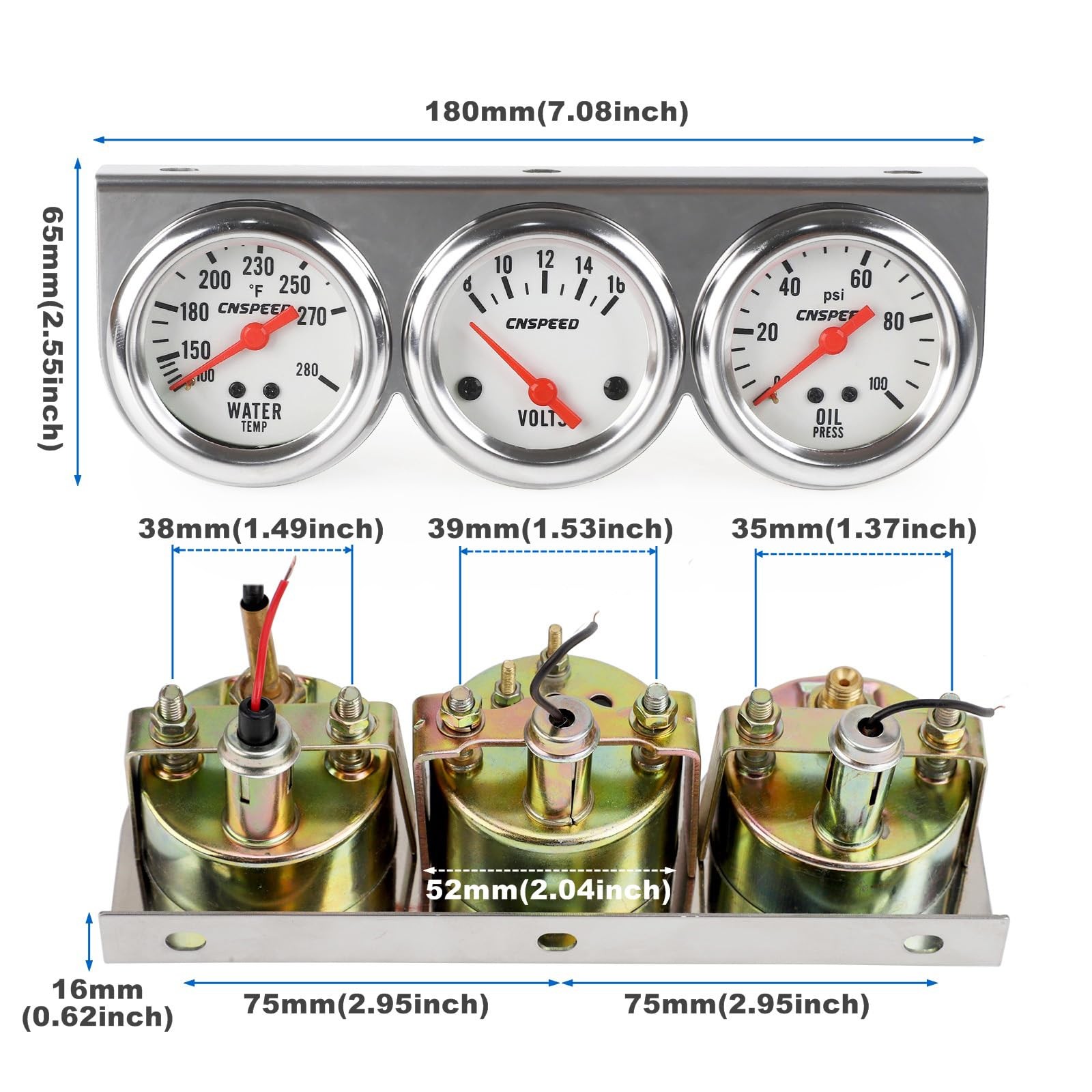 CNSPEED 2″ 52mm Triple Gauge Kit Volt, Water Temp, Oil Pressure Auto Gauge Set