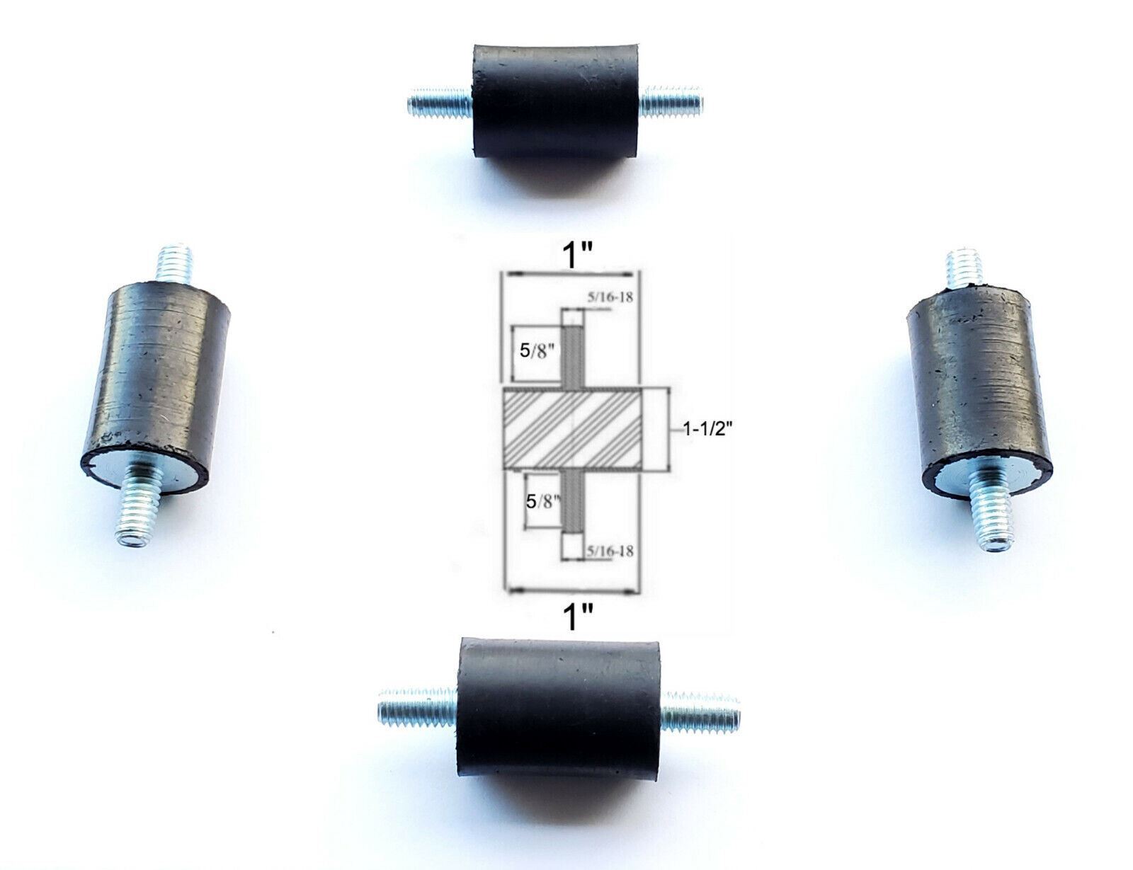 4 Rubber Vibration Isolator Mounts (1″ Dia x 1-1/2″ Thk) 5/16-18 x 5/8″ Studs