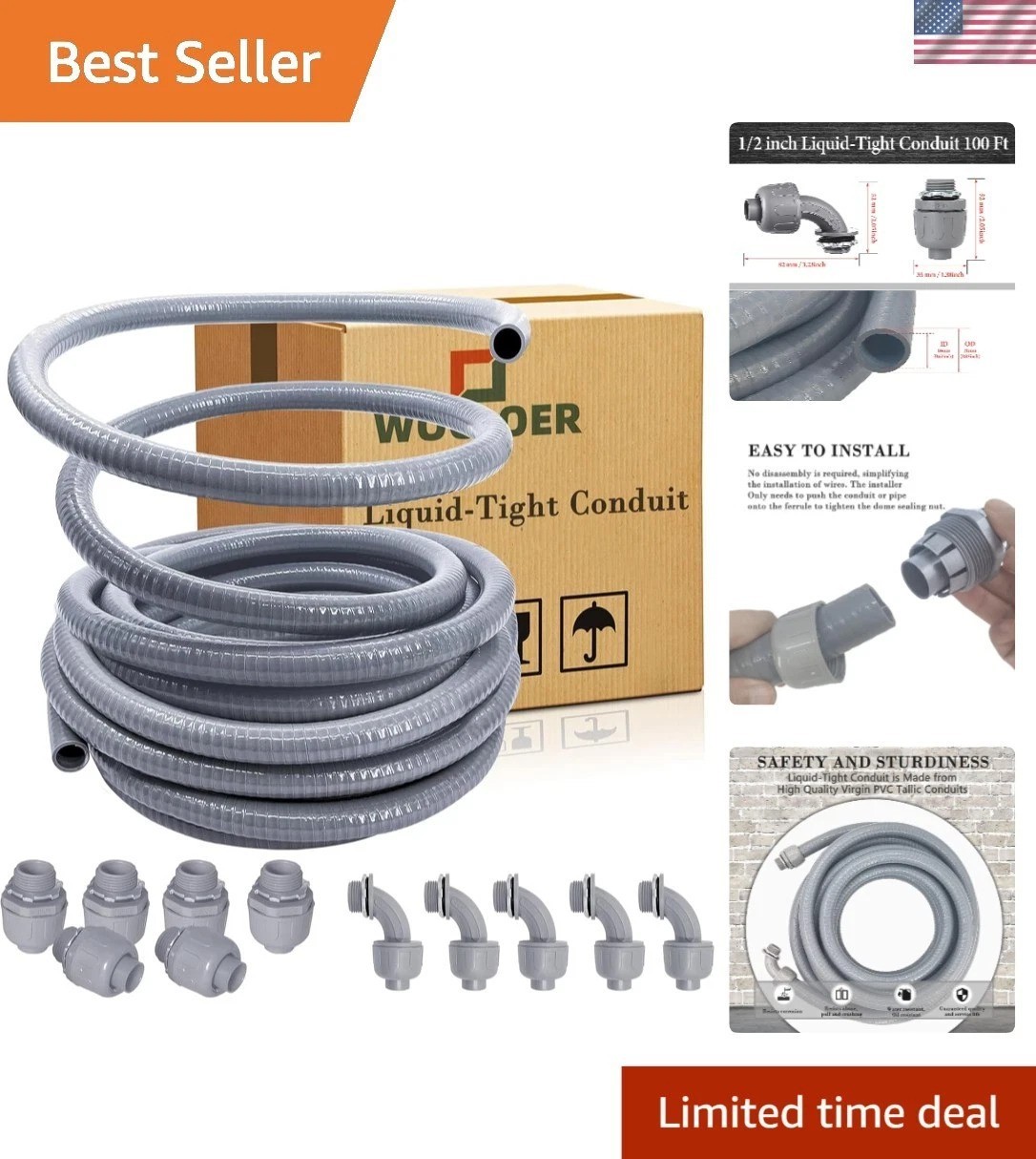 Durable 1/2-Inch Liquid-Tight Conduit Kit 100ft – Outdoor & Direct Burial Ready