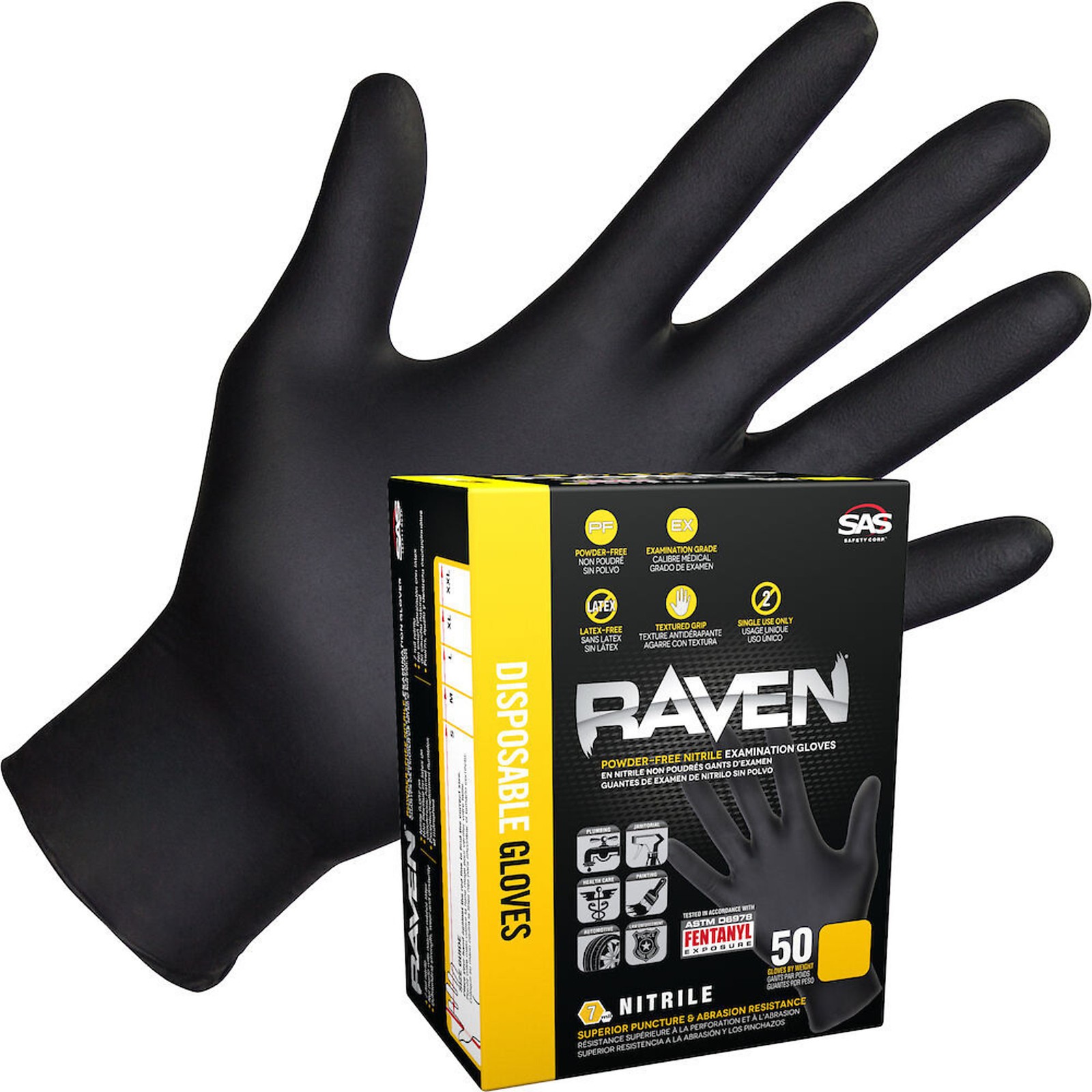 SAS Safety, Raven Gloves 50 Packs 7Mil PF Exam Textured, Size L, Color Black,
