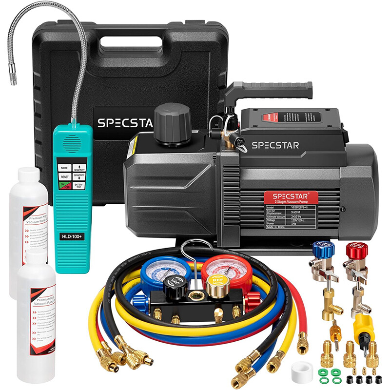 9.6CFM 1 HP 2 Stage HVAC Vacuum Pump & 4 Way AC Manifold Gauge Set Kit 5ft Hoses