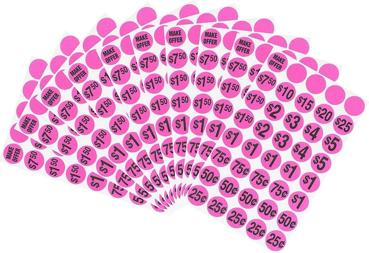 Sunburst Systems 1000 Garage Sale Price Stickers Pink Pre-printed Labels 7035