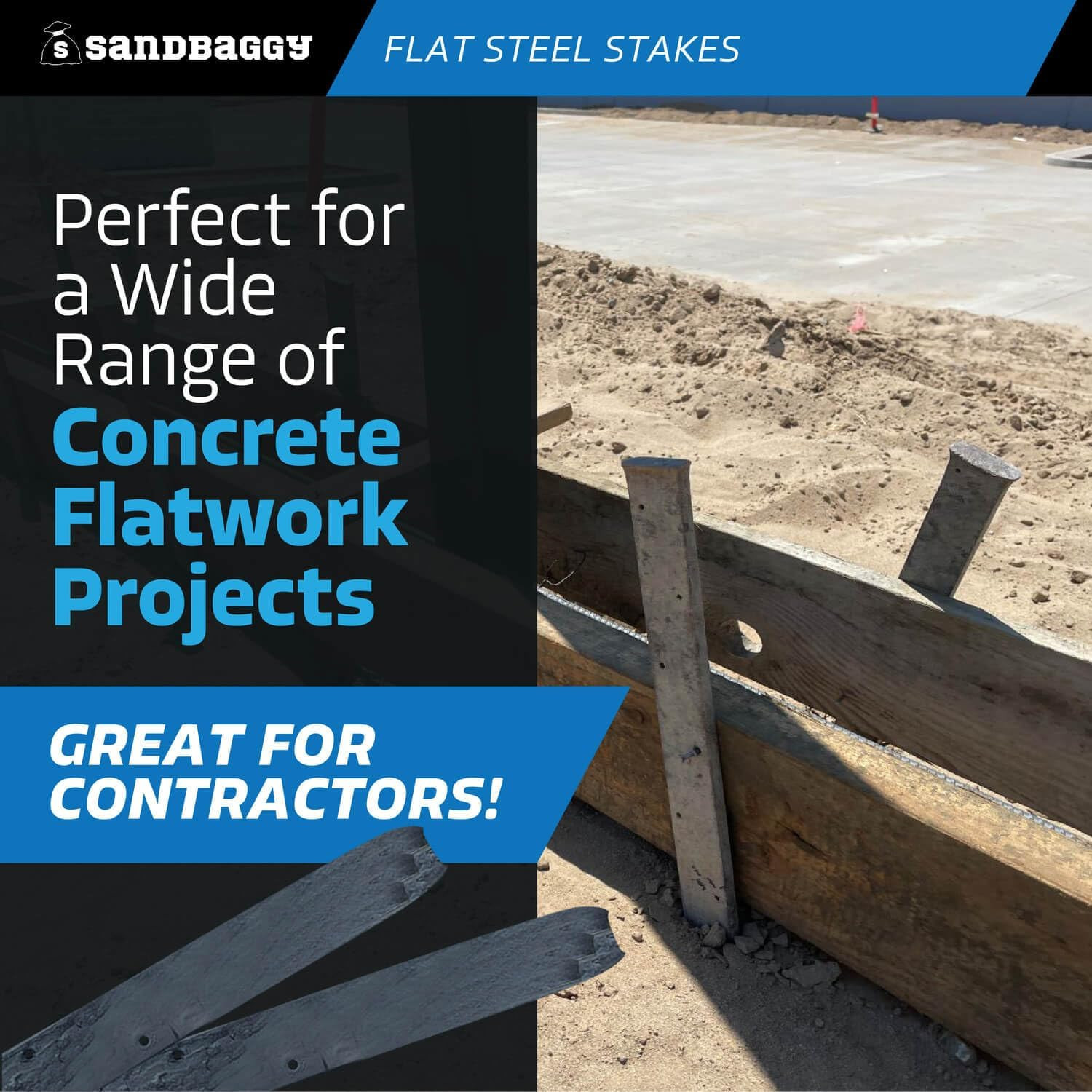 24″ Flat Steel Stakes for Concrete Forms with Nail Holes – 1.5″ Wide – Painted –