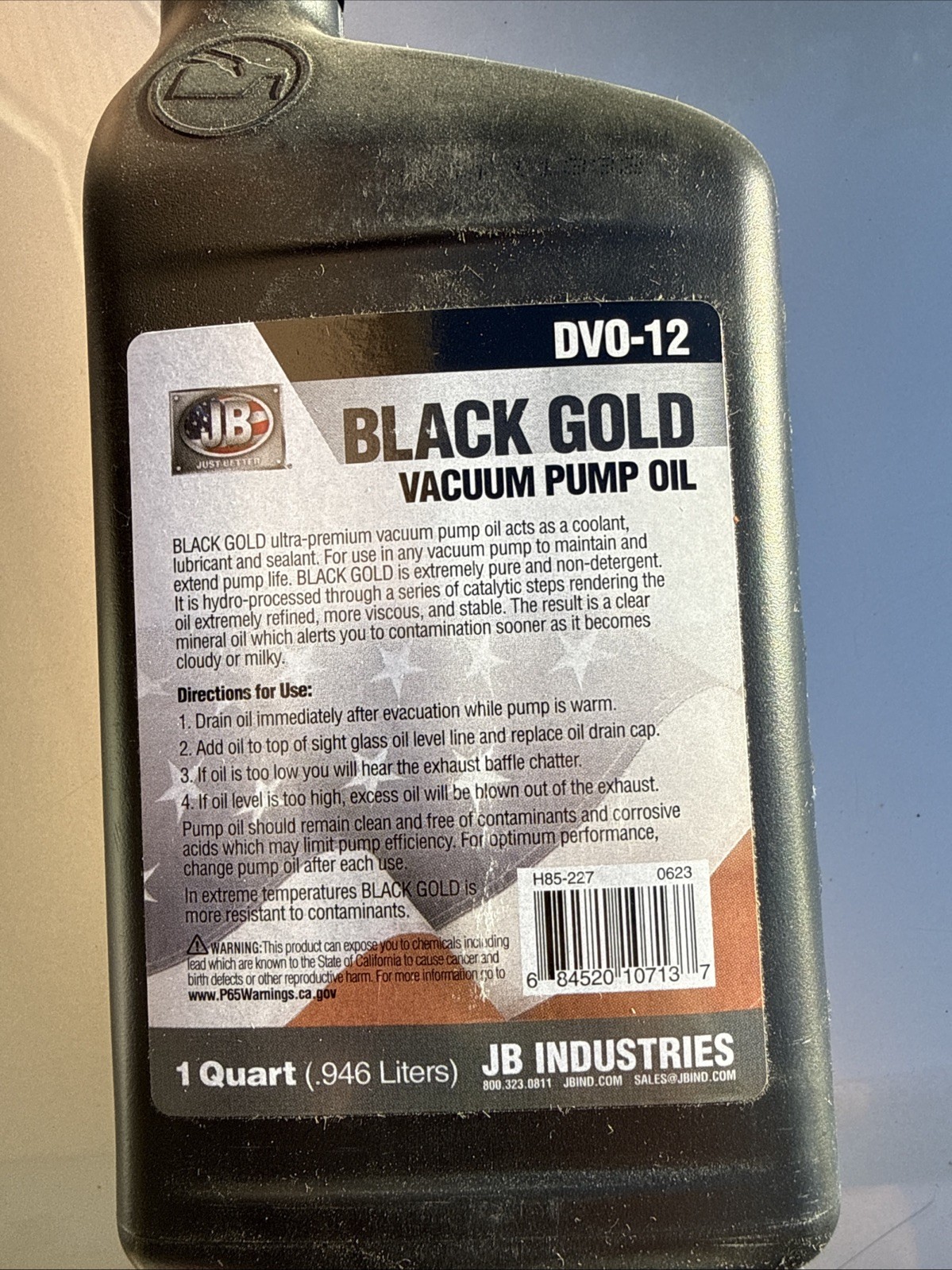 Jb Industries Dvo-12 Vacuum Pump Oil, 1 Qt Bottle, 15 Sae Grade, 46 Iso Grade,