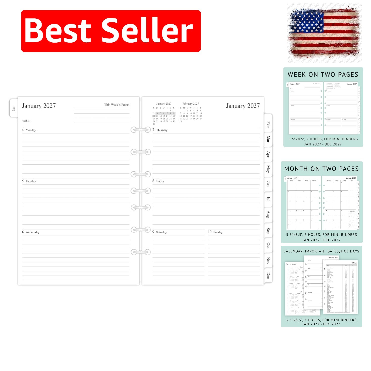 2027 Weekly & Monthly Planner Refill, 5-1/2″ x 8-1/2″, Jan 2027 to Dec 2027, …
