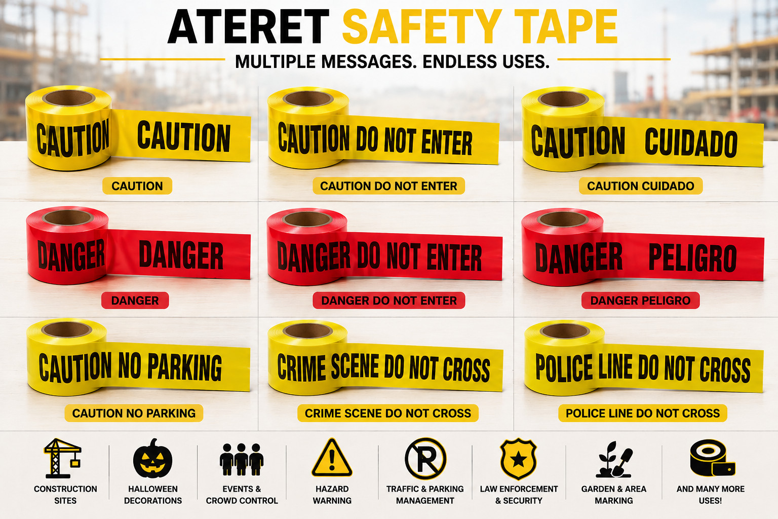 ATERET Premium Yellow Caution Tape I 3 inch x 1000 feet I Harzard Tape w/Bright