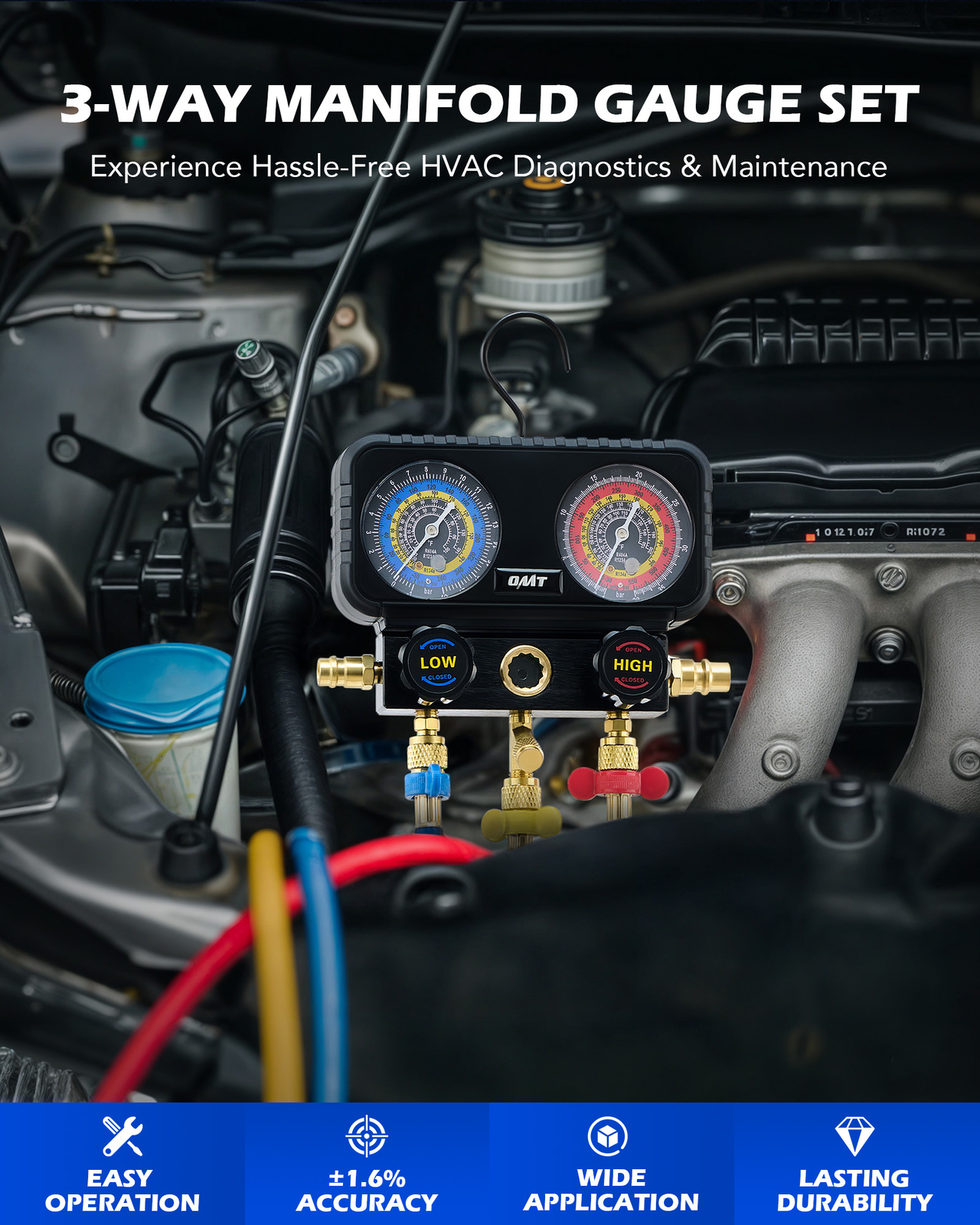 3 Way Air Conditioner Diagnostic Manifold Gauge Set For R1234yf Freon Charging