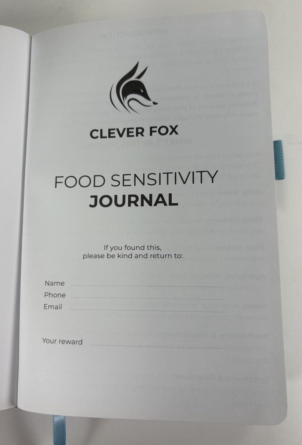 Clever Fox Food Sensitivity Journal Daily Nutrtion Tracker Teal Blue Never Used