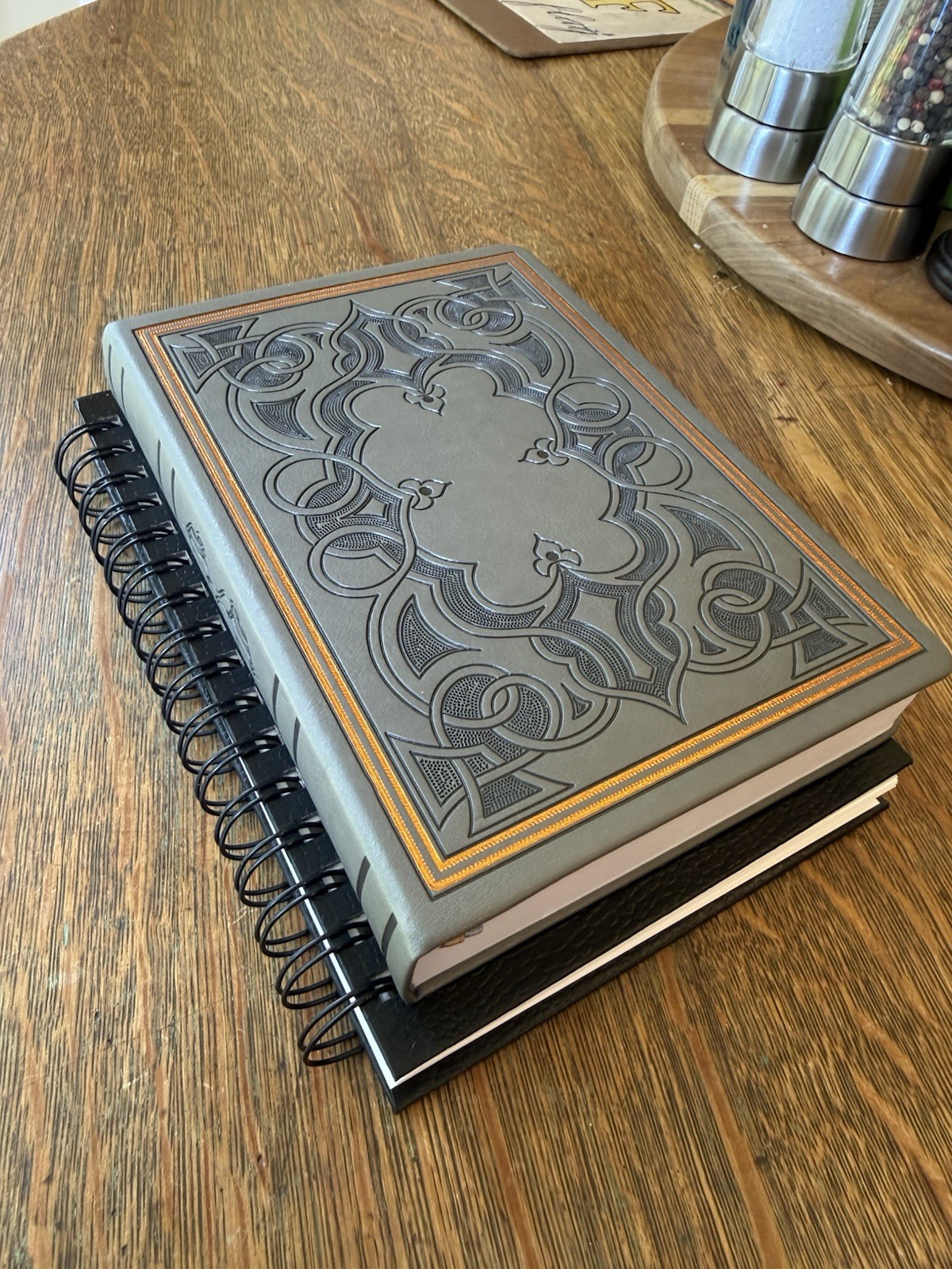 Two Journals Blank Pages One Carved Leather Bound, One Spiral Bound Leatherette