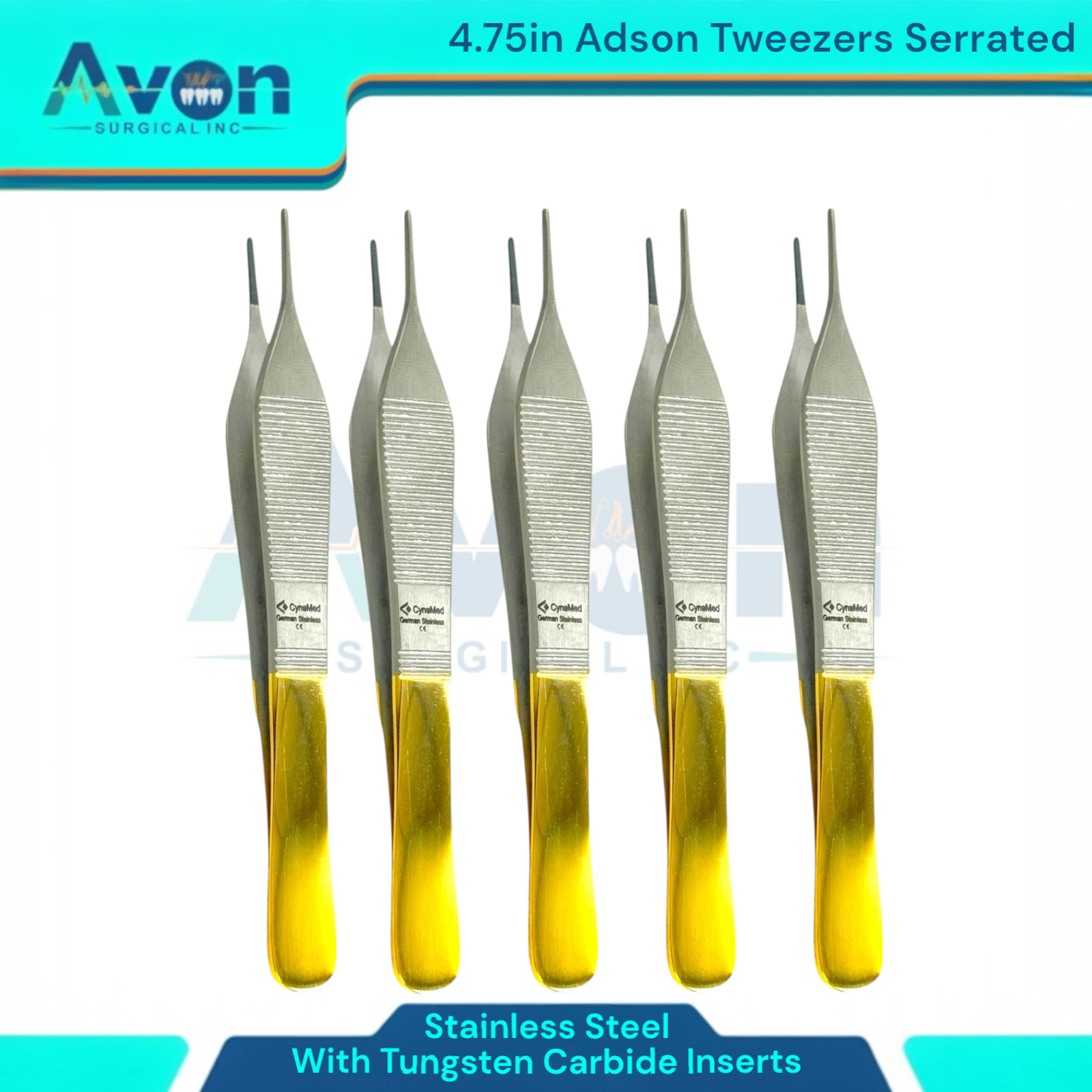 Premium Adson Thumb Serrated Tweezer Forceps, 4.75″, TC Insert Jaw – Gold Handle