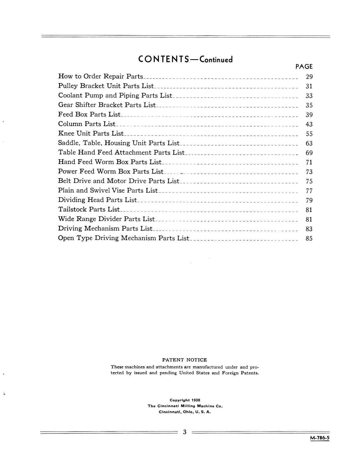 Cincinnati 1, 2, 3,&4 Milling Machine Dial Type Service & Parts List Manual *399