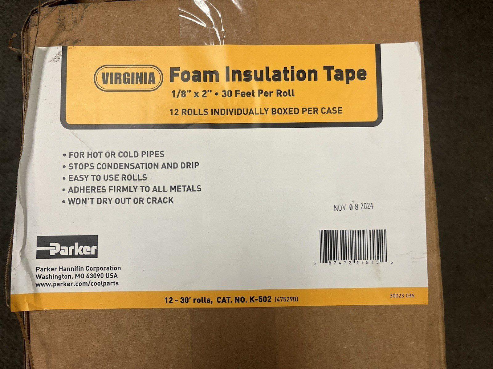 12 Pack – Parker Virginia K502 Foam Insulation Tape, 1/8″ x 2″ 30 FT