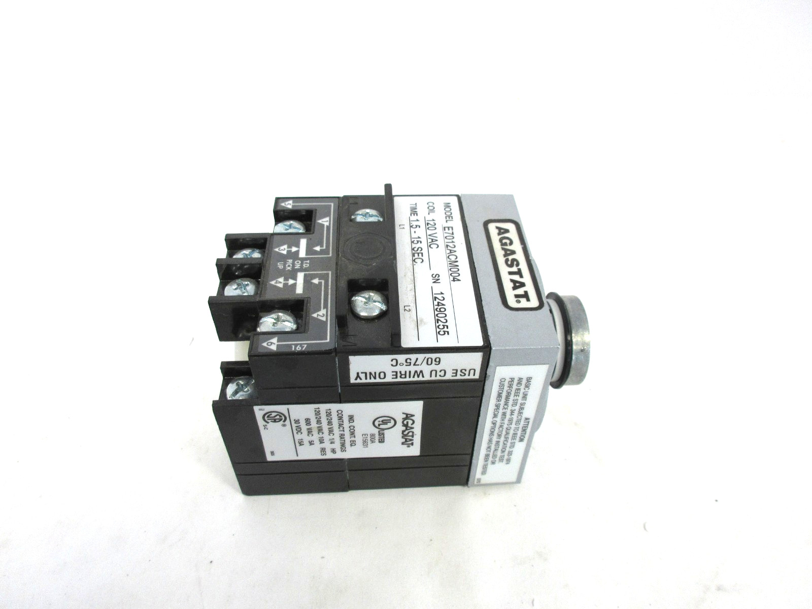 Agastat E7012ACM004 Timing Relay. Coil 120VAC Time: 1.5-15 Seconds