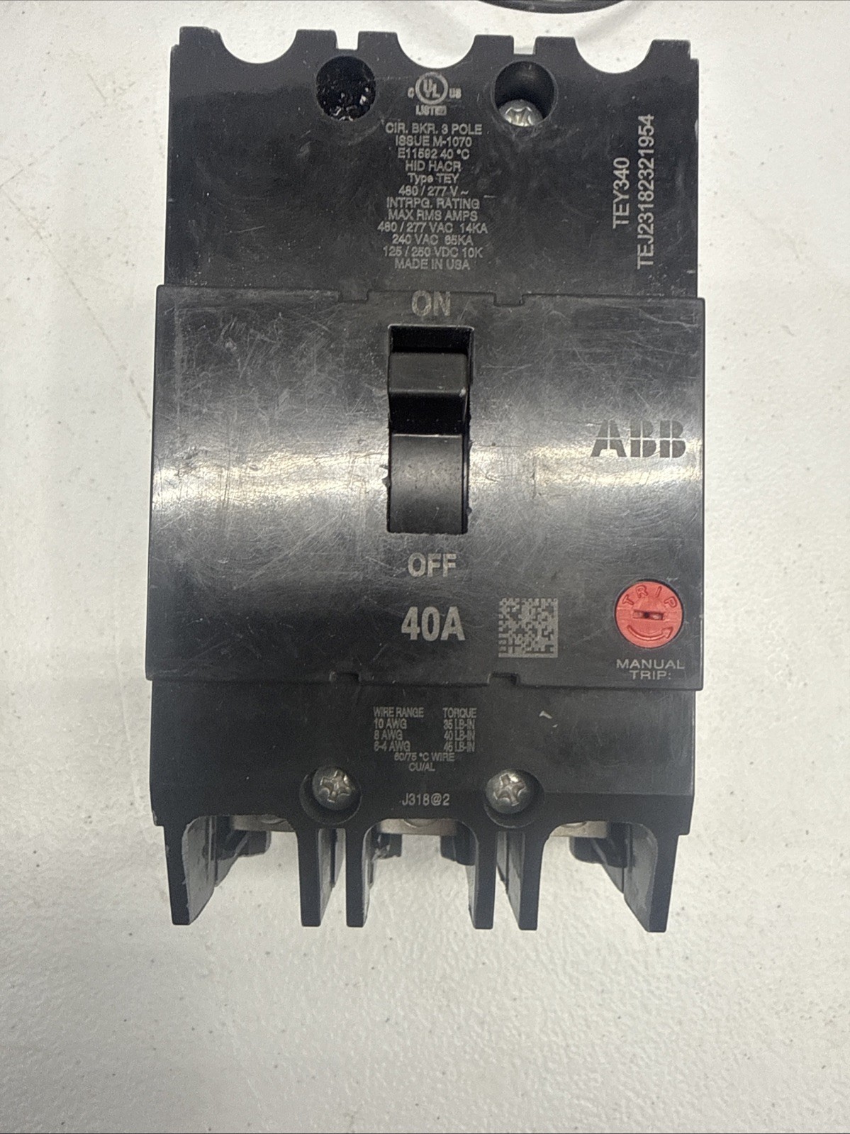 GE TEY340 40 Amp 480/277 VAC 3 Pole Type TEY Bolt on Breaker