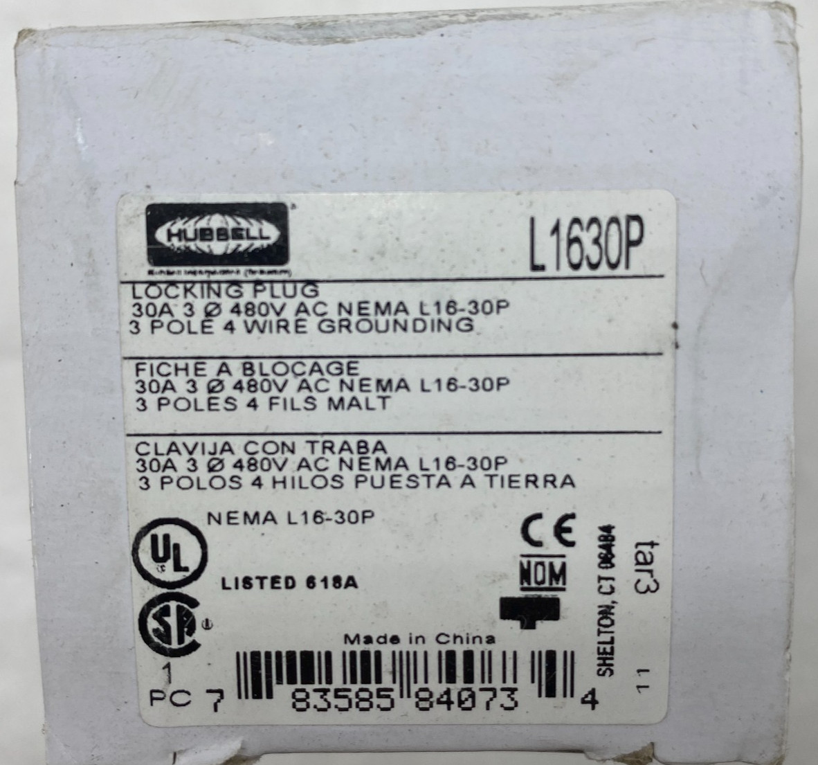 Hubbell L1630P 30A Locking Plug NEMA L16-30P 3P4W