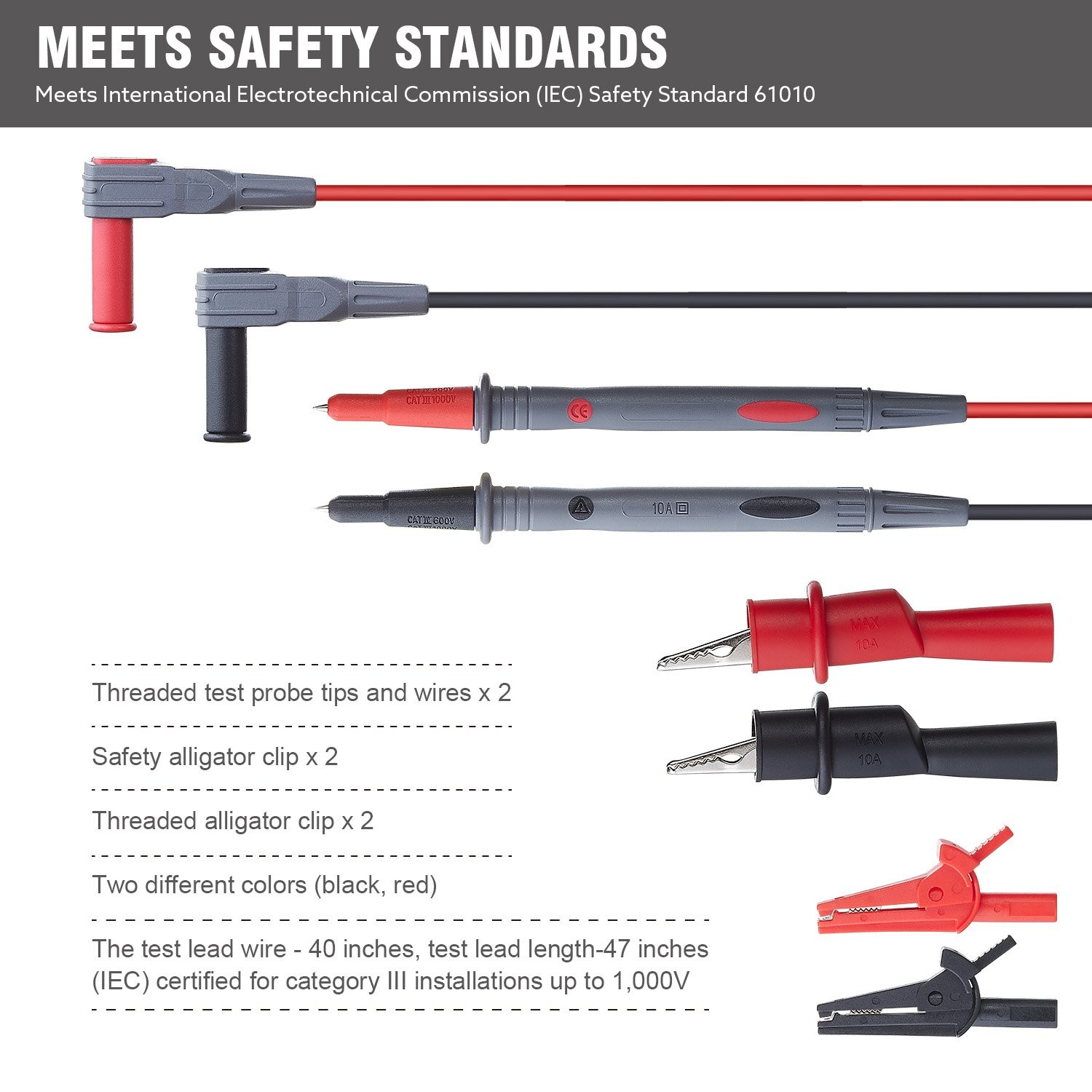 Multimeter Test Leads Silicone Safety Alligator Clips CAT III 1000V CAT IV 600V