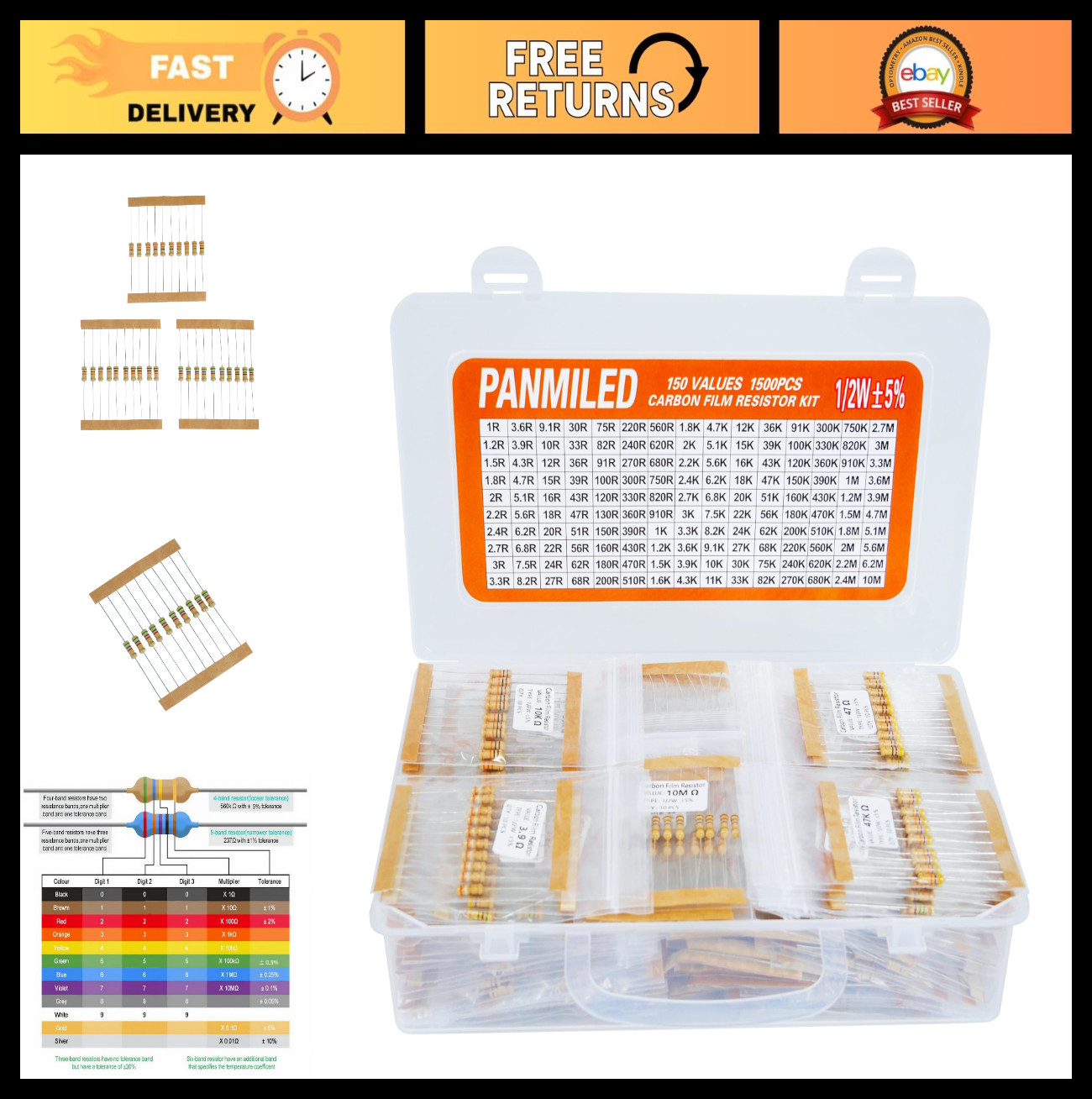 1500-Piece Carbon Film Resistor Kit 1Ω-10MΩ 0.5W 5% Assortment for Electronics