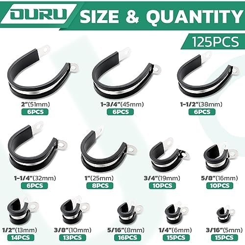 125PCS Stainless Steel Rubber Coated Cable Clamps Assortment Kit – 12 Sizes