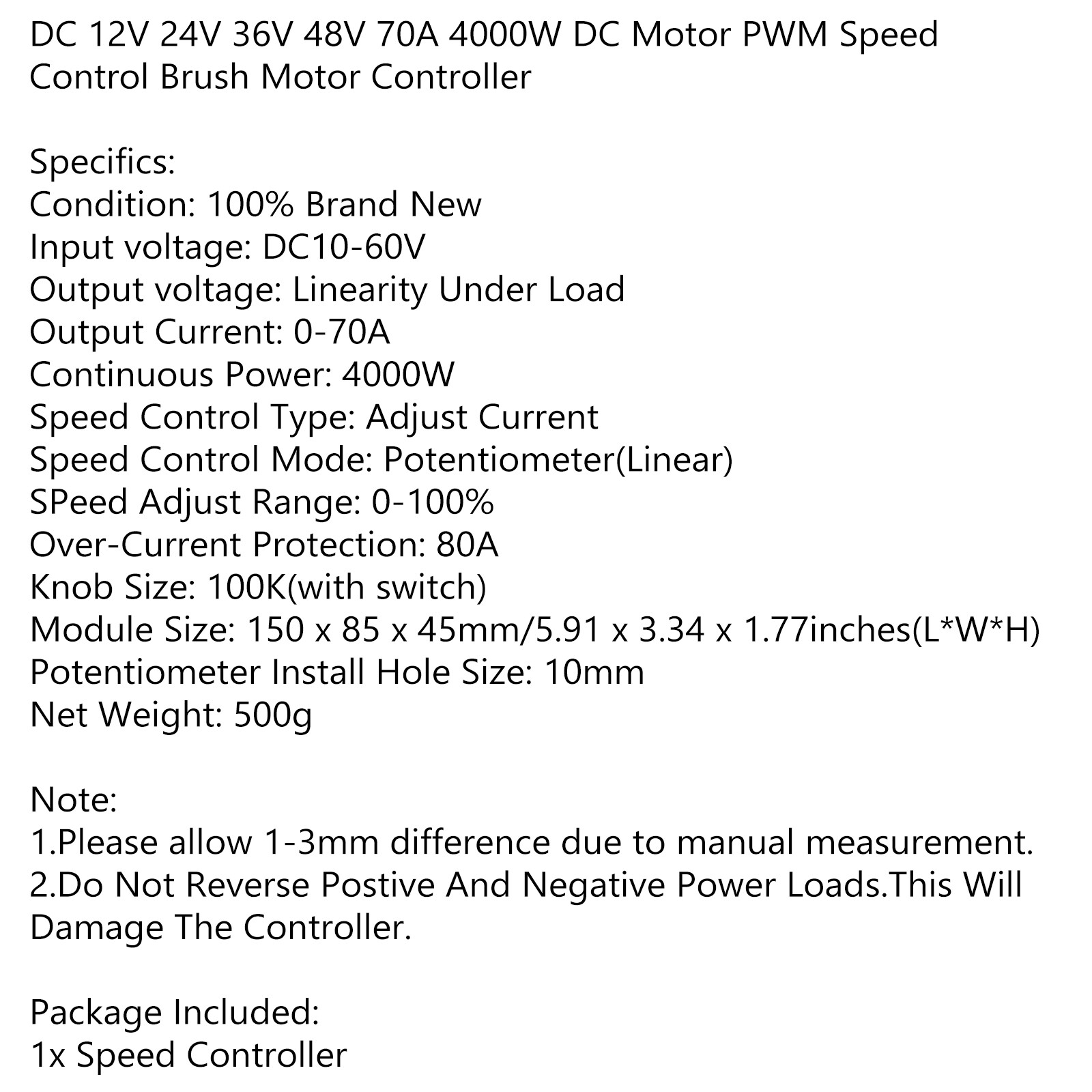 DC 12V 24V 36V 48V 70A 4000W DC Motor PWM Speed Control Brush Motor Controller E