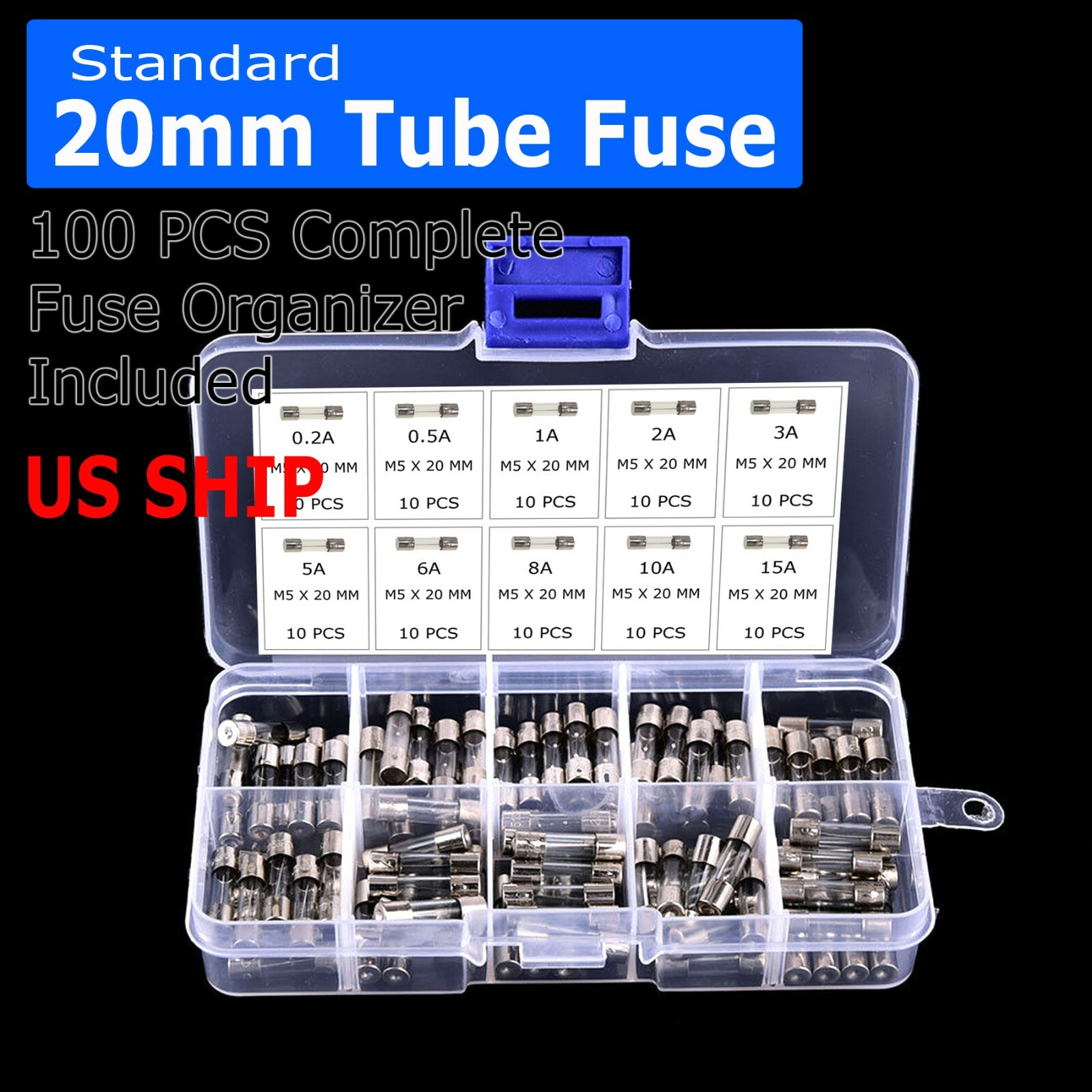 100Pcs 5x20mm Quick Blow Glass Tube Fuse Assorted Kits Fast Action Glass Fuses