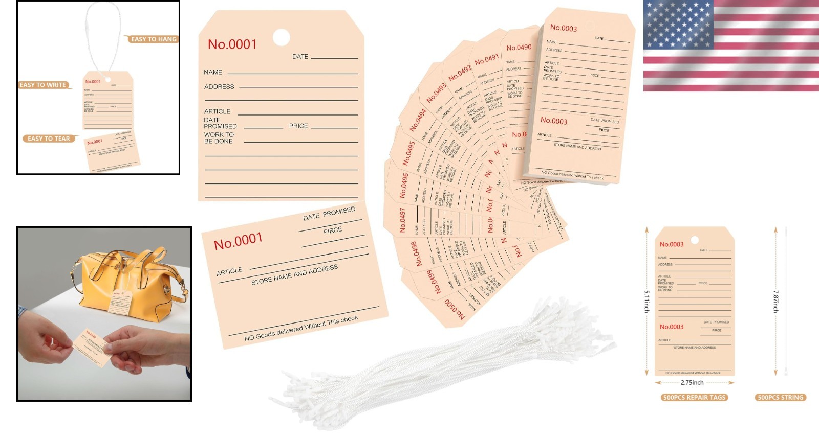 500Pcs Numbered Repair Tags with String,2.7X 5.1 Service Tag,Maintenance Label T