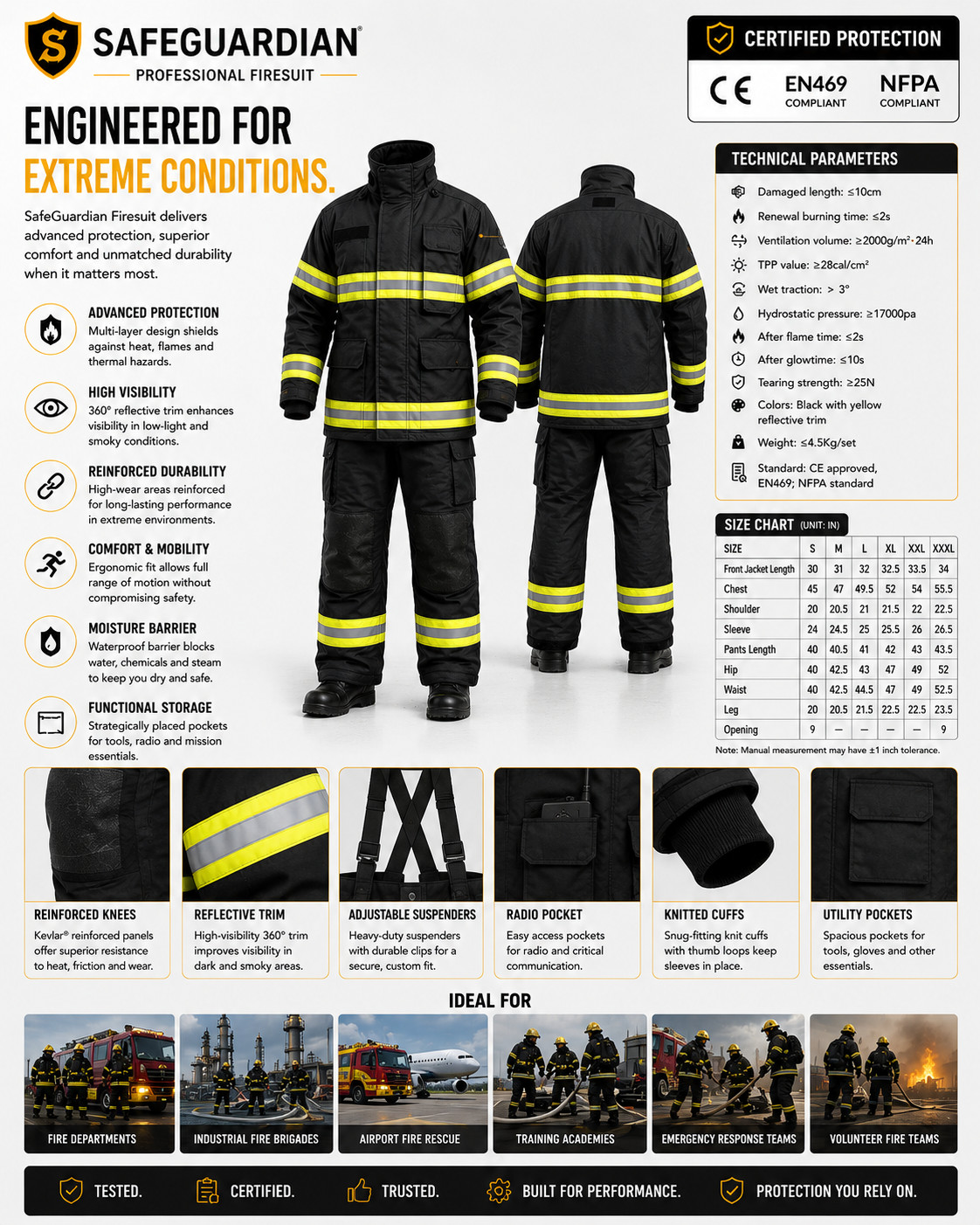 DYOB Firefighter Suit Fire Suit Turnout Gear Jacket/Pants w/ Overall straps NFPA