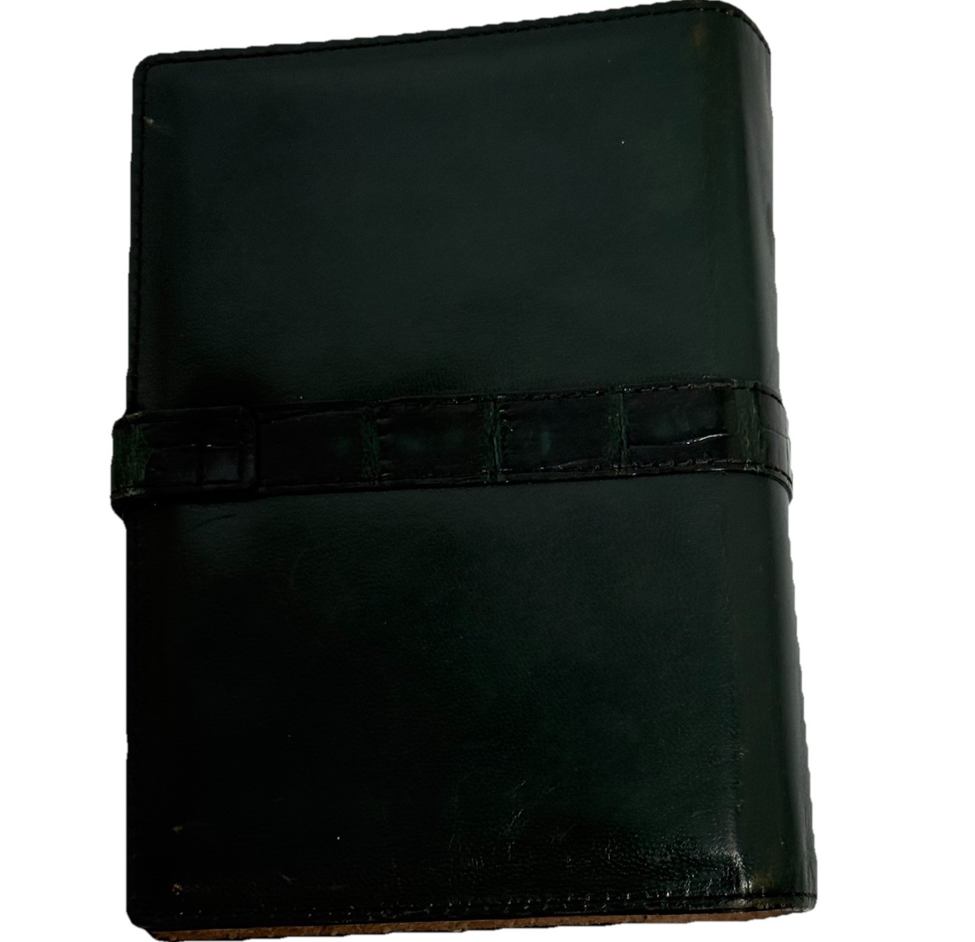 VTG Dark Green Leather Day Planner Black Alligator Strap Ostrich Interior Retro