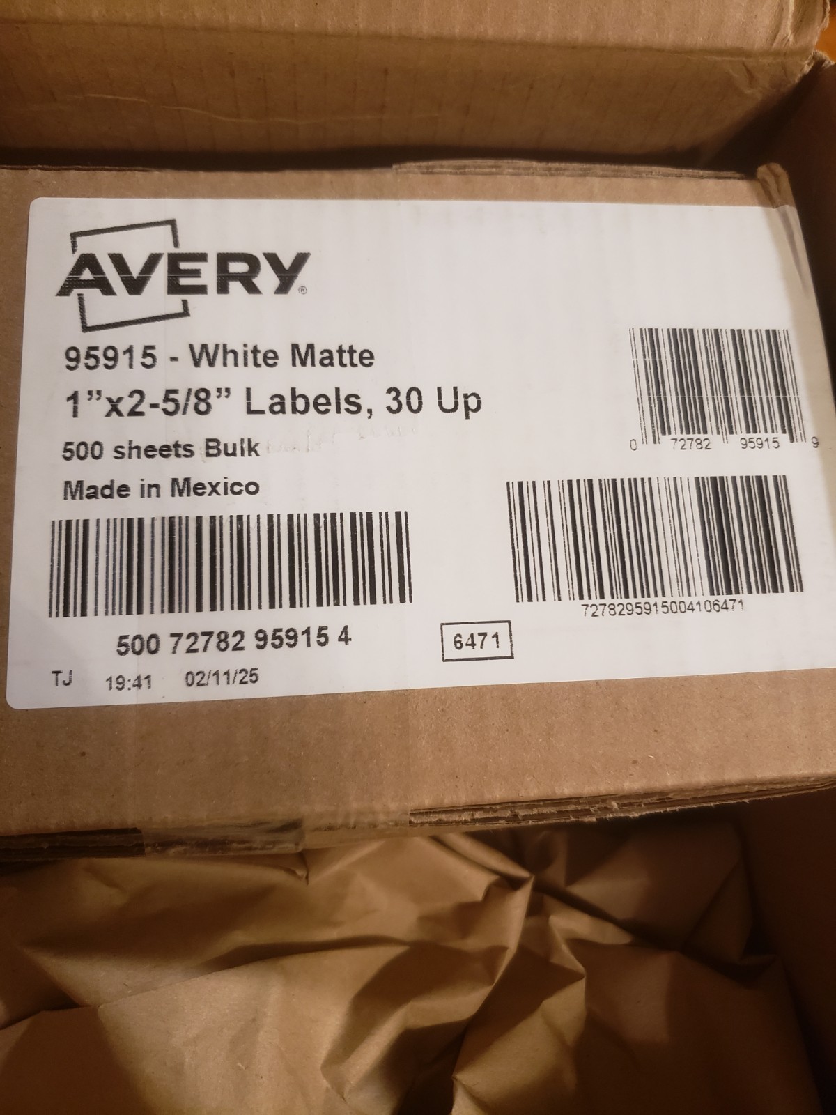 Avery 95915 1 in. x 2.63 in. Easy Peel LASER Labels (30 X 500 SHEET/BX) New