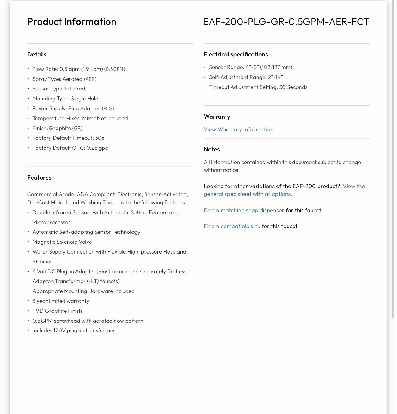 Sloan EAF200-PLG GR 33351332 (DOES NOT HAVE SIDE TEMPERATURE ADJUSTER)