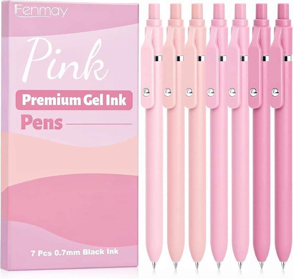 Pink Pens Black Ink, 7 Pcs 0.7mm Fine Point Smooth Writing Gel Pens, Quick Dry &