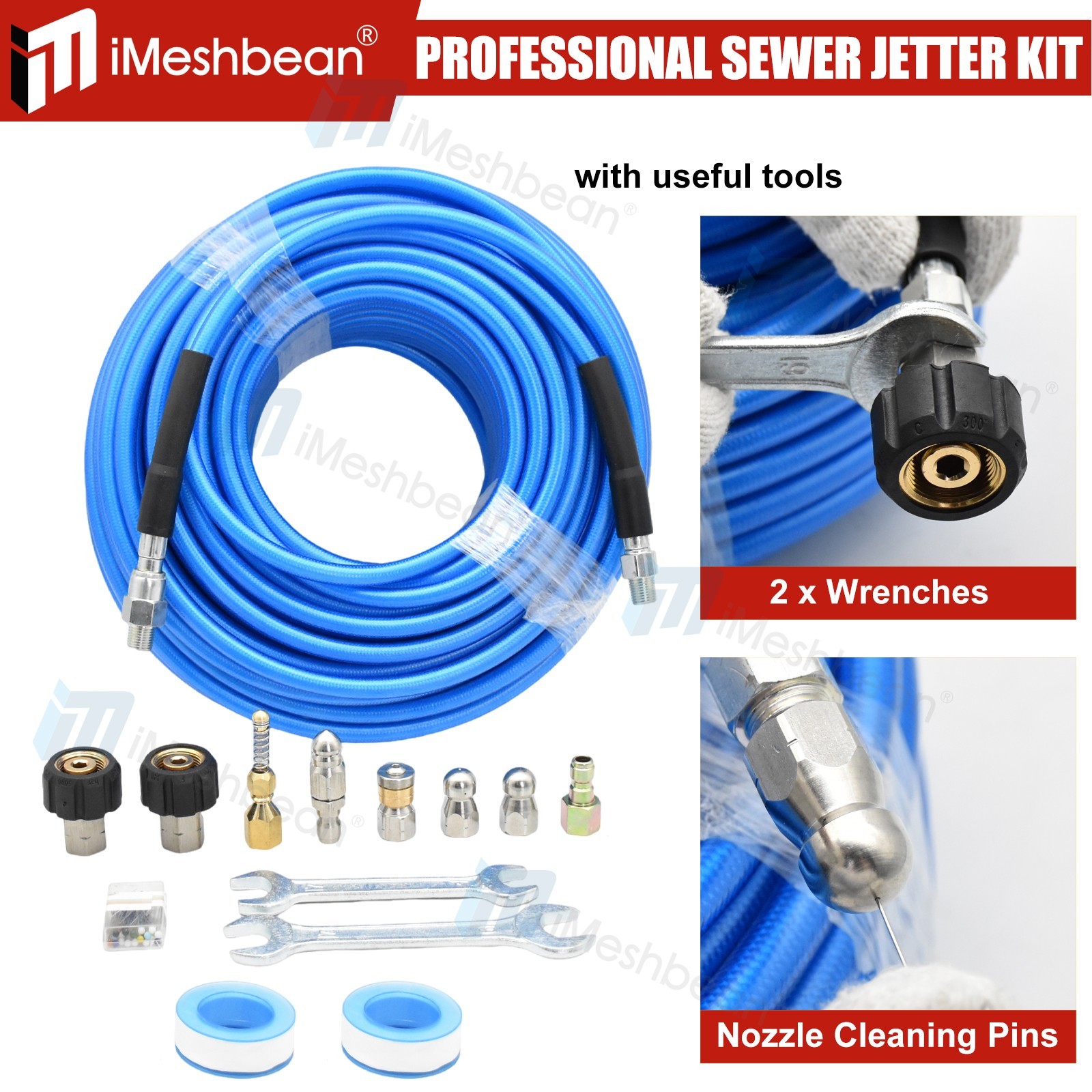 200FT 1/4″M-NPT Drain Cleaning Hose Sewer Jetter Nozzles Kit For Pressure Washer
