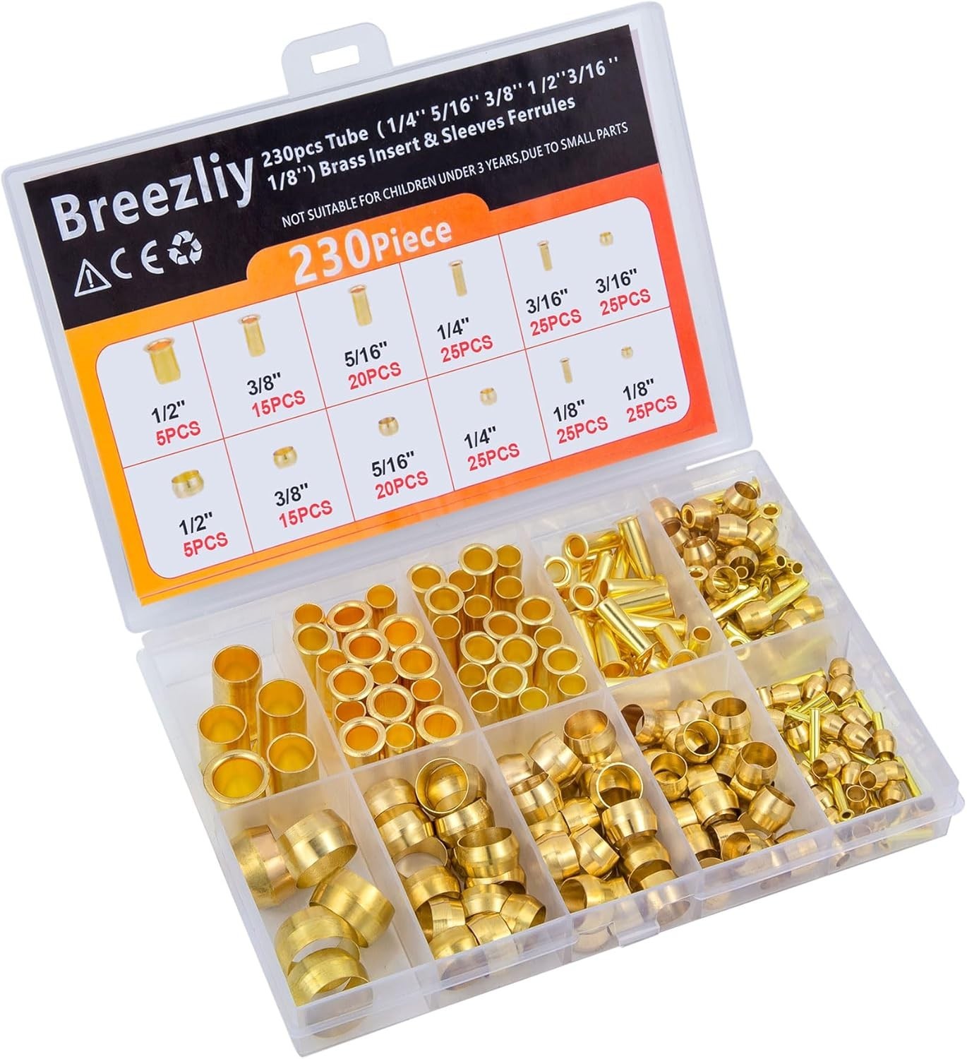 230pc Brass Compression Fittings Assortment Kit Air Water Fuel Line Sleeves Set